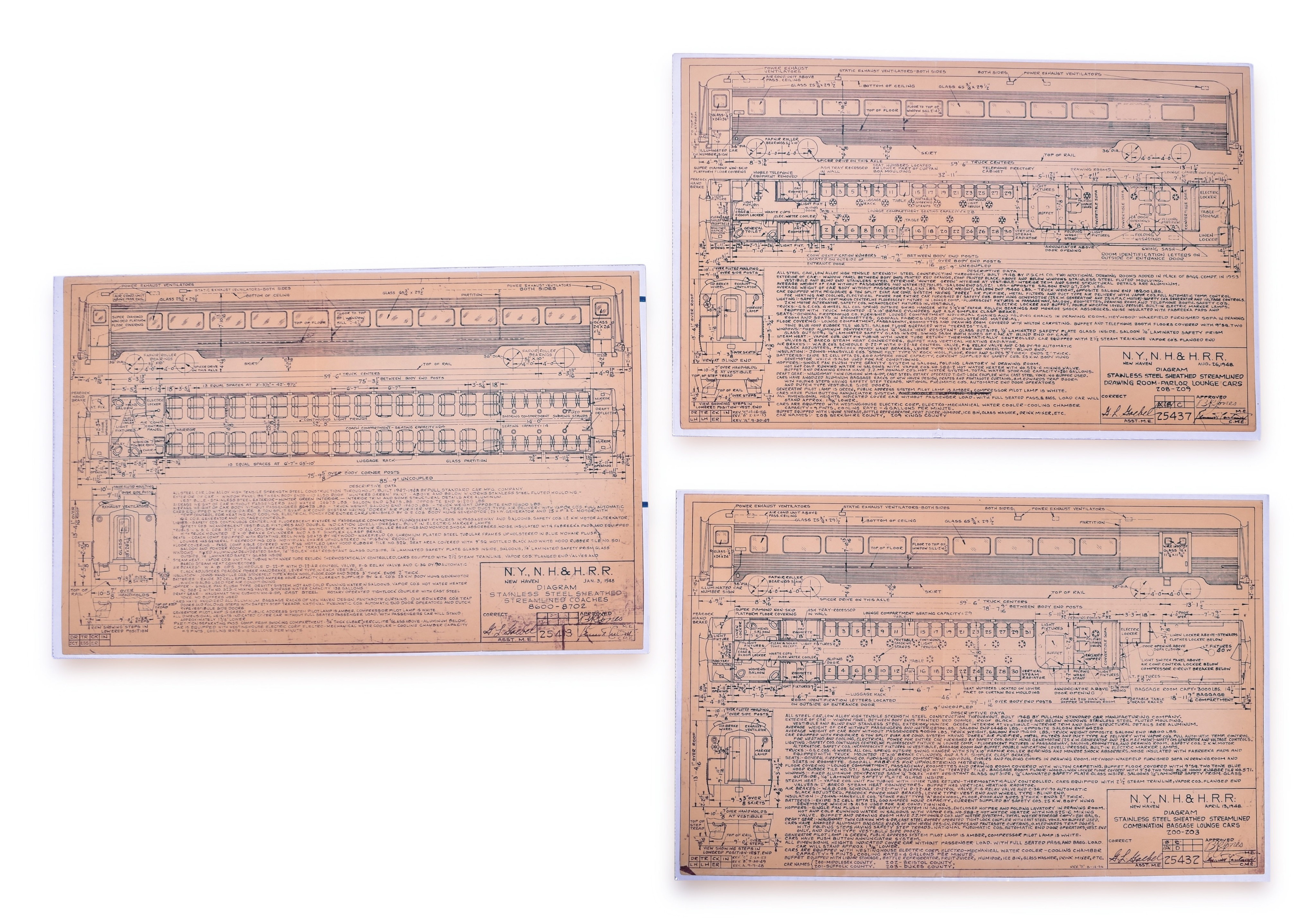 3002 - Three New York, New Haven, & Hartford Streamlined Pullman Standard Railroad Passenger Car Diagrams thumbnail