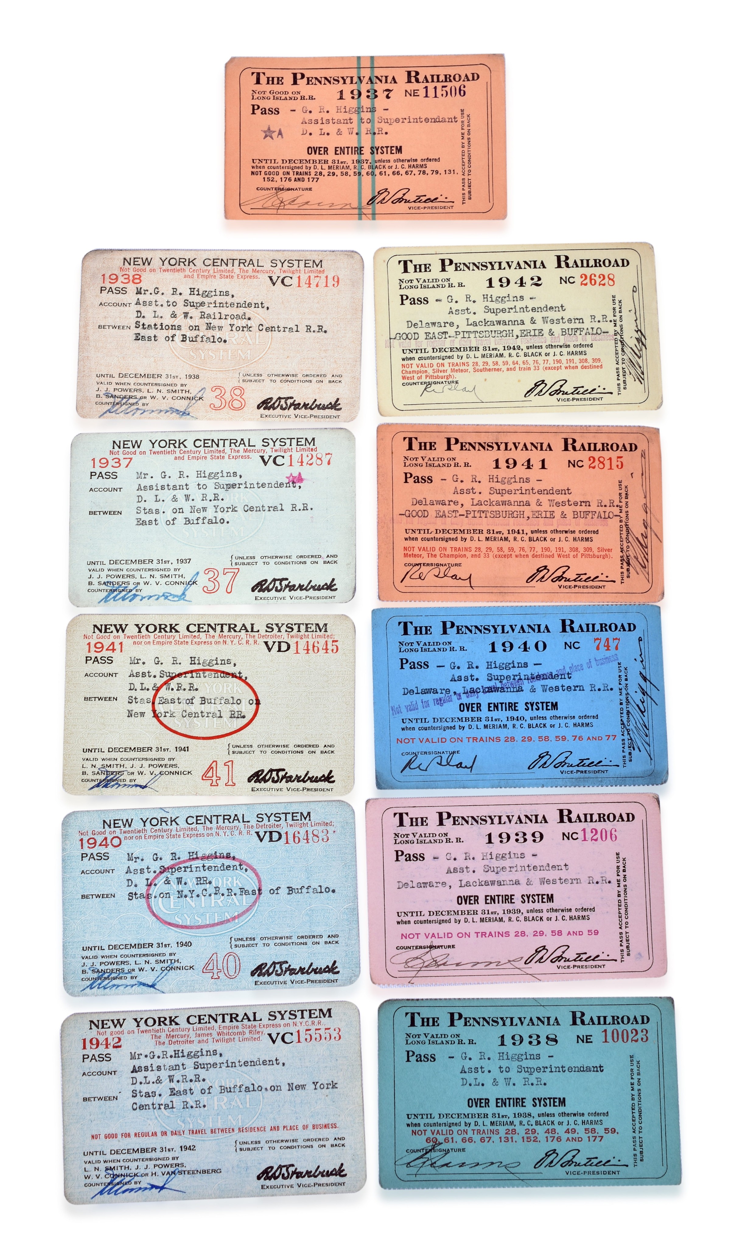 3006 - Eleven Pennsylvania and New York Central Railroad Passes 1937-1942 thumbnail