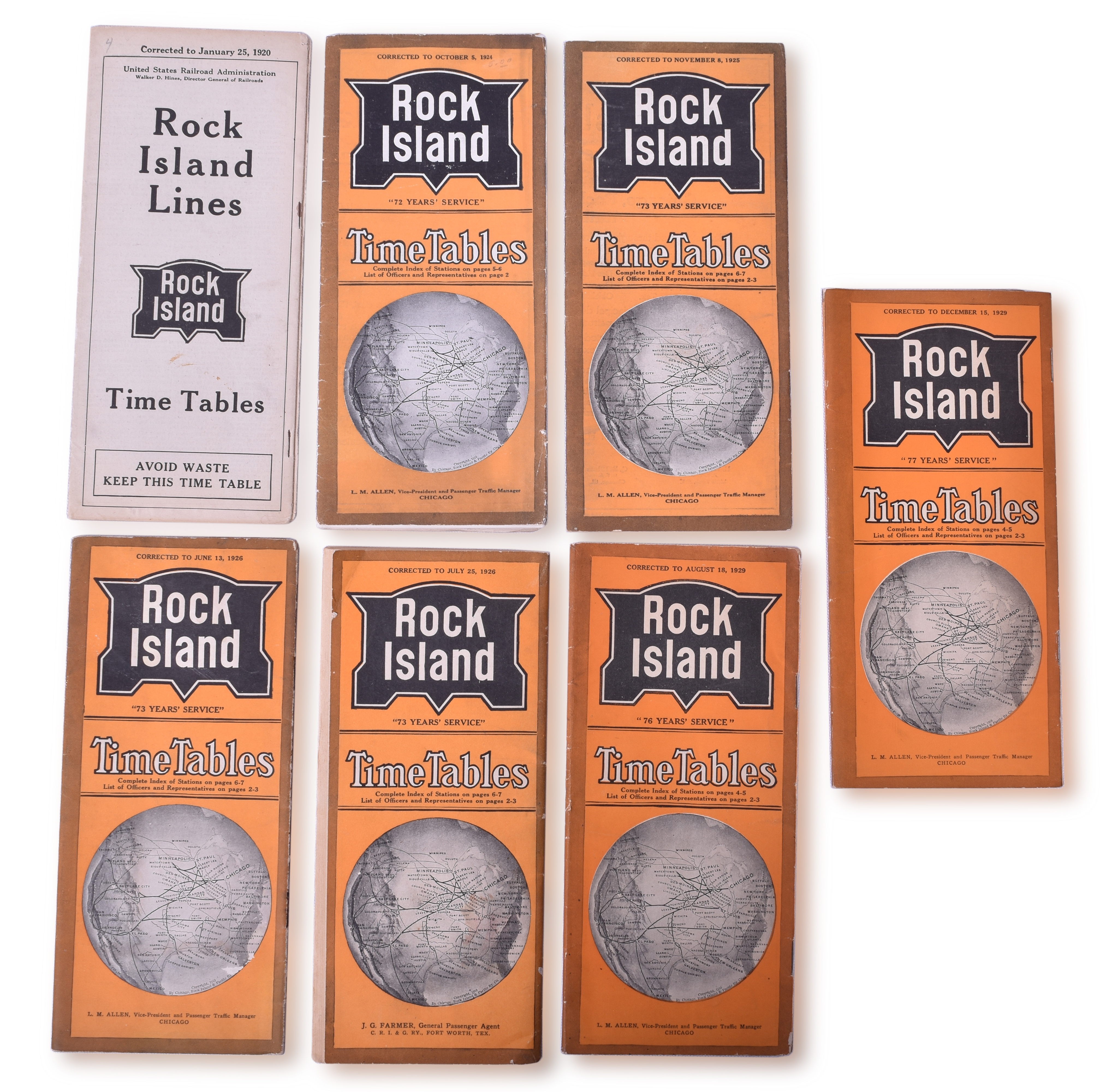 3007 - Rock Island Railroad Chicago Timetables Ranging in Years 1920-1929 thumbnail