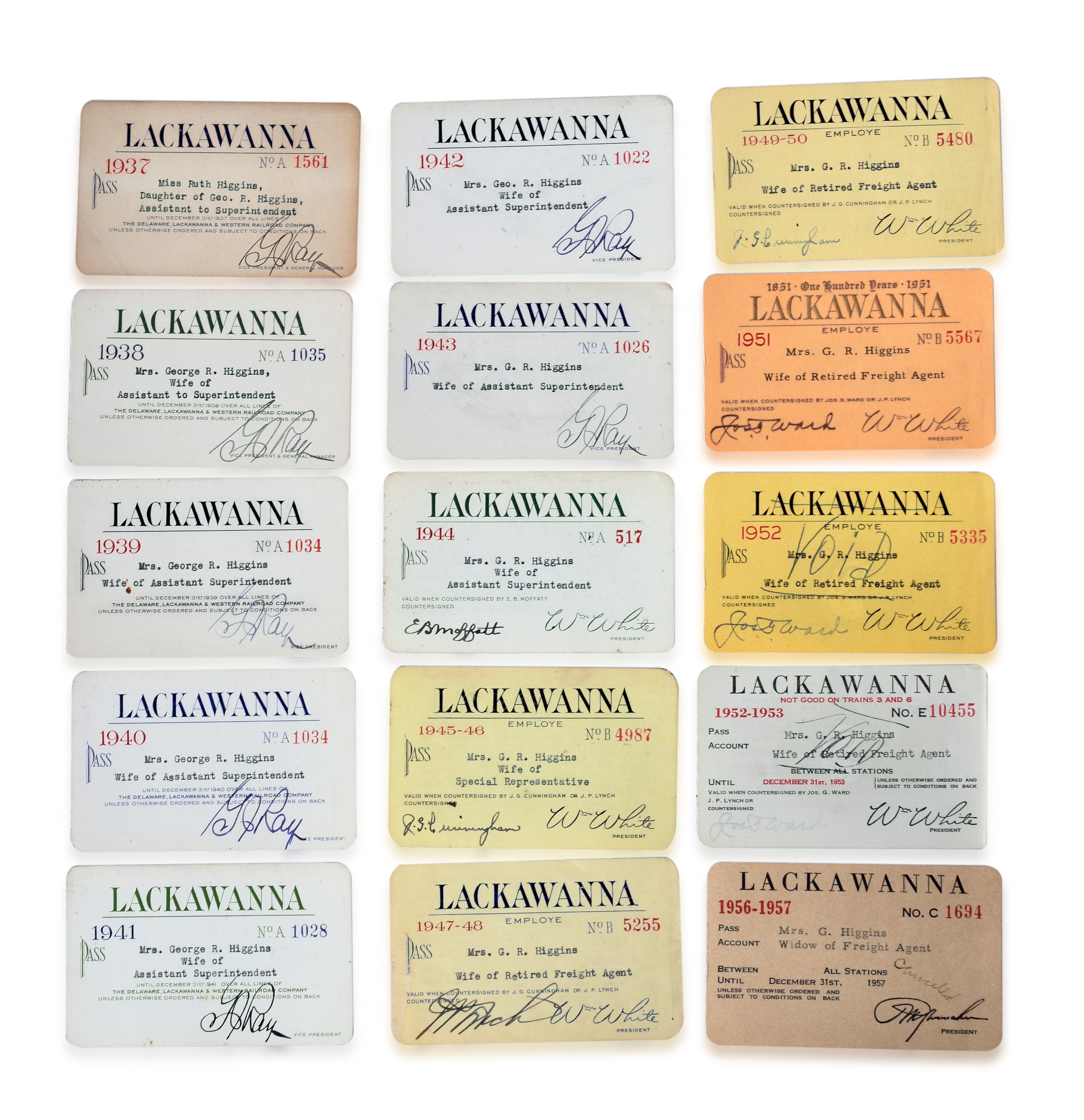 3018 - Fifteen Lackawanna Railroad Passes 1937-1957 - Wife of G.R. Higgins thumbnail