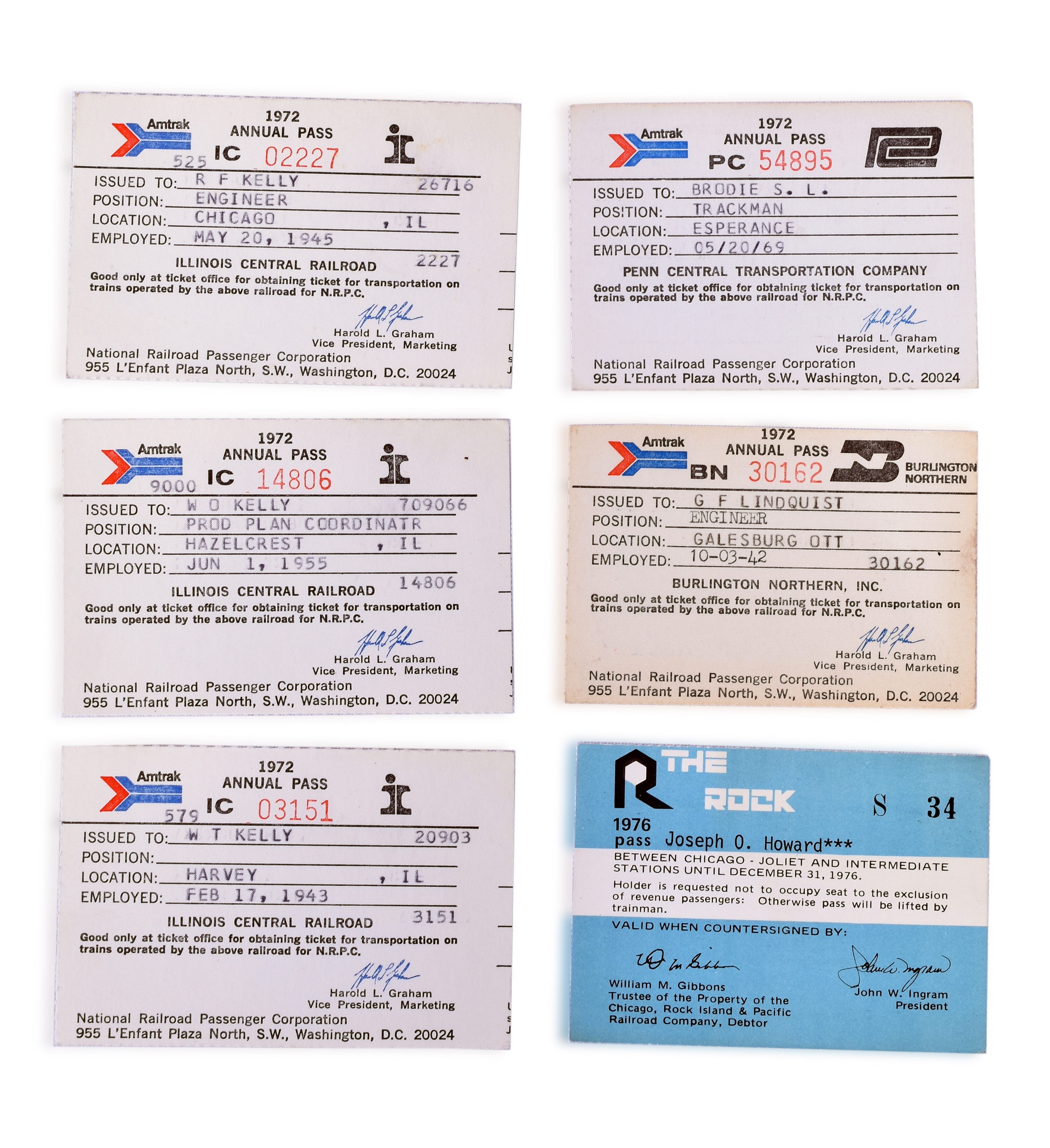 3024 - Six Amtrak, Illinois Central, Burlington Northern, Penn Central, and The Rock Railroad Annual Passes thumbnail