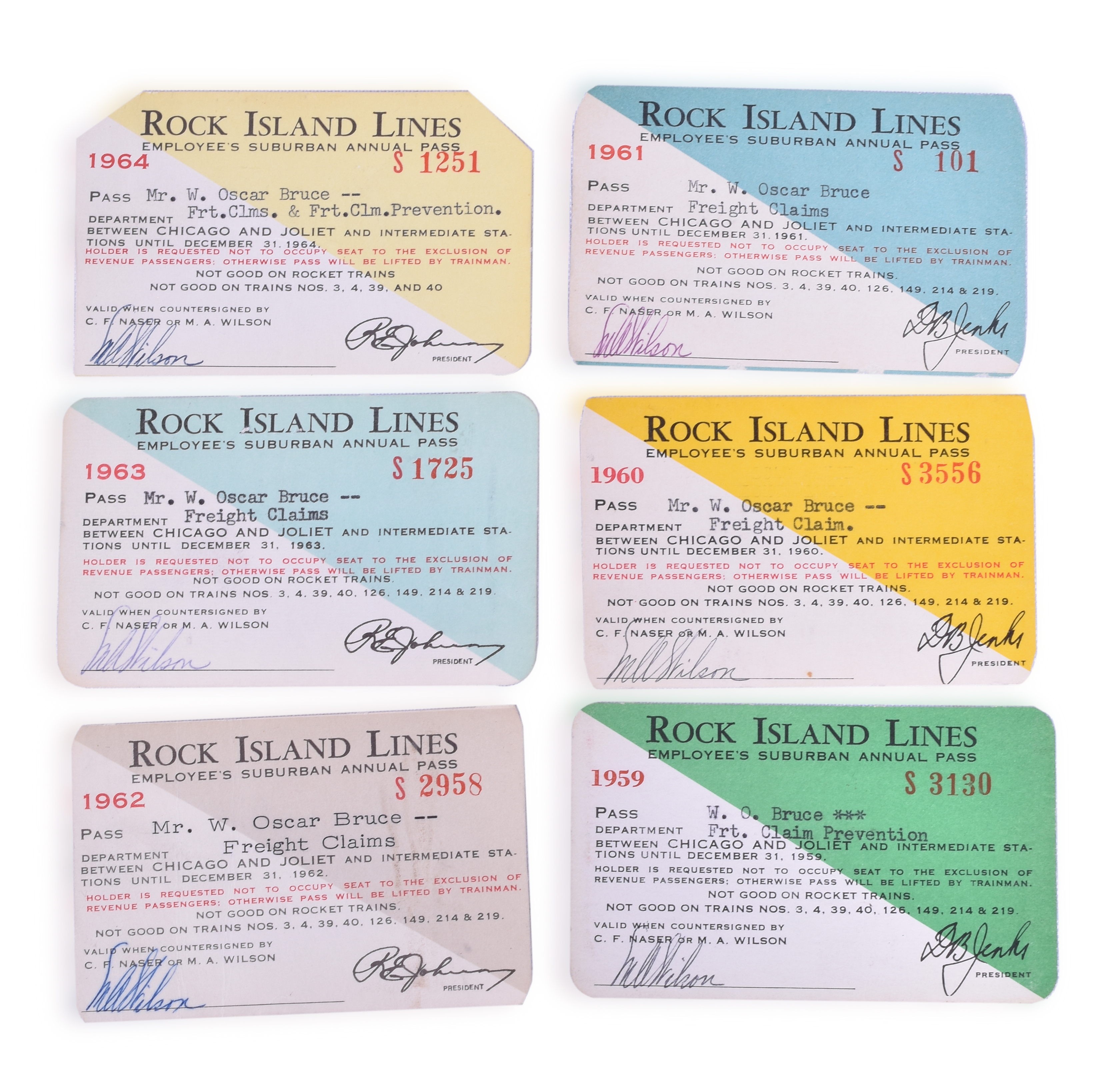 3030 - Six Rock Island Lines Railroad Employee Suburban Annual Passes 1959-1964 thumbnail