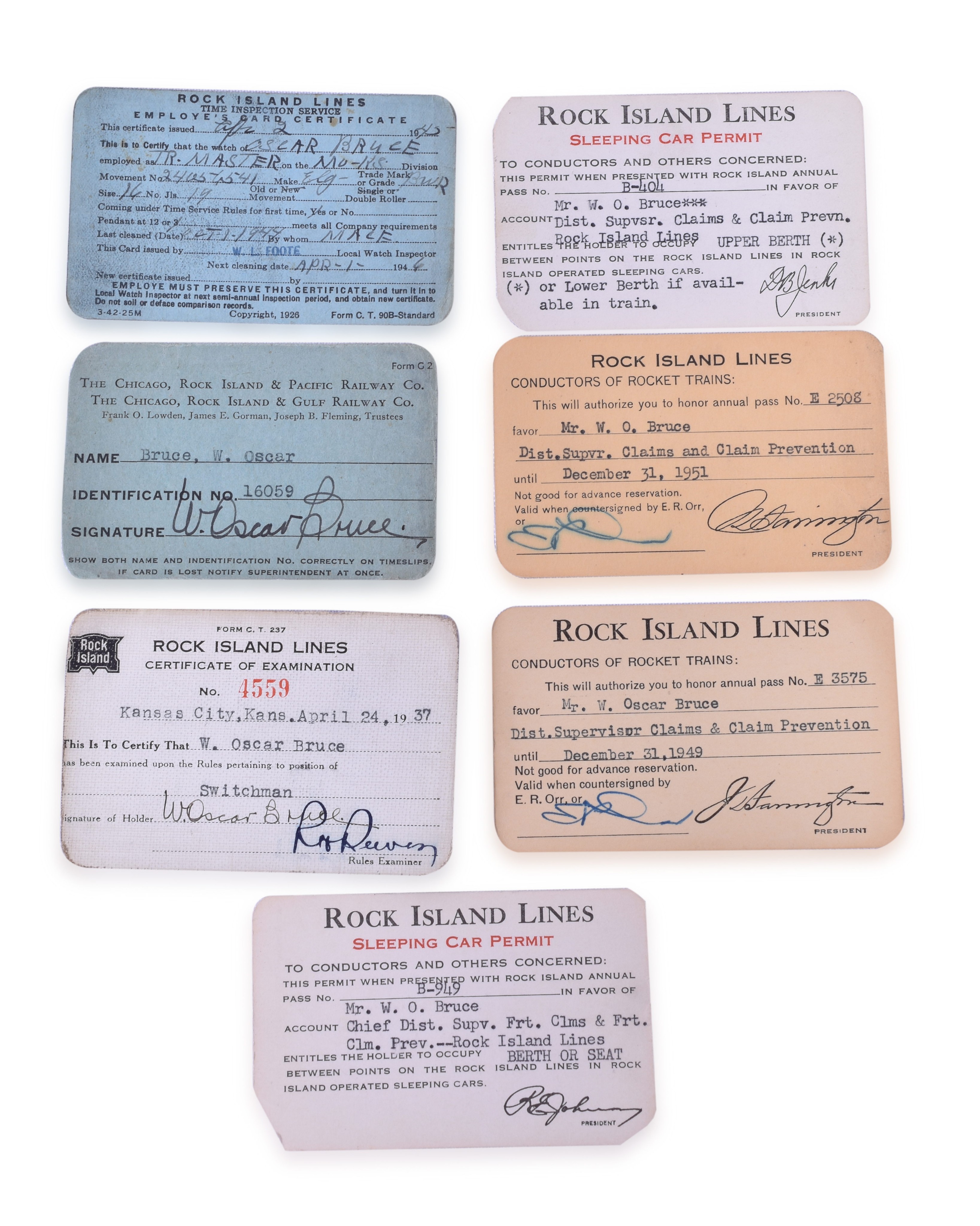 3036 - Seven Rock Island Railroad Annual Pass and Identification Cards W.O. Bruce - Sleeping Car Permits, Rocket Conductor Cards thumbnail