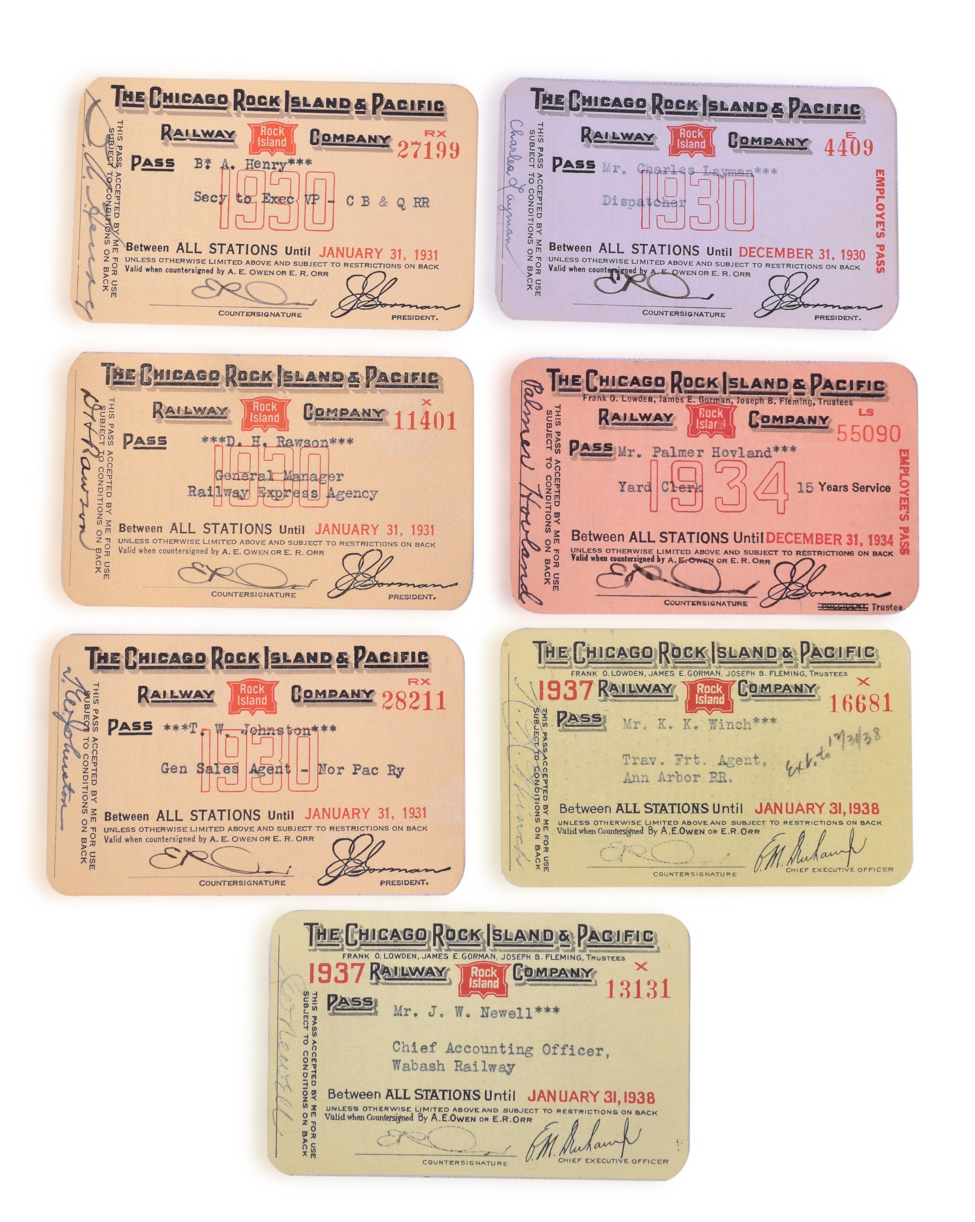 3042 - Seven Chicago, Rock Island & Pacific 1930s Annual Passes thumbnail