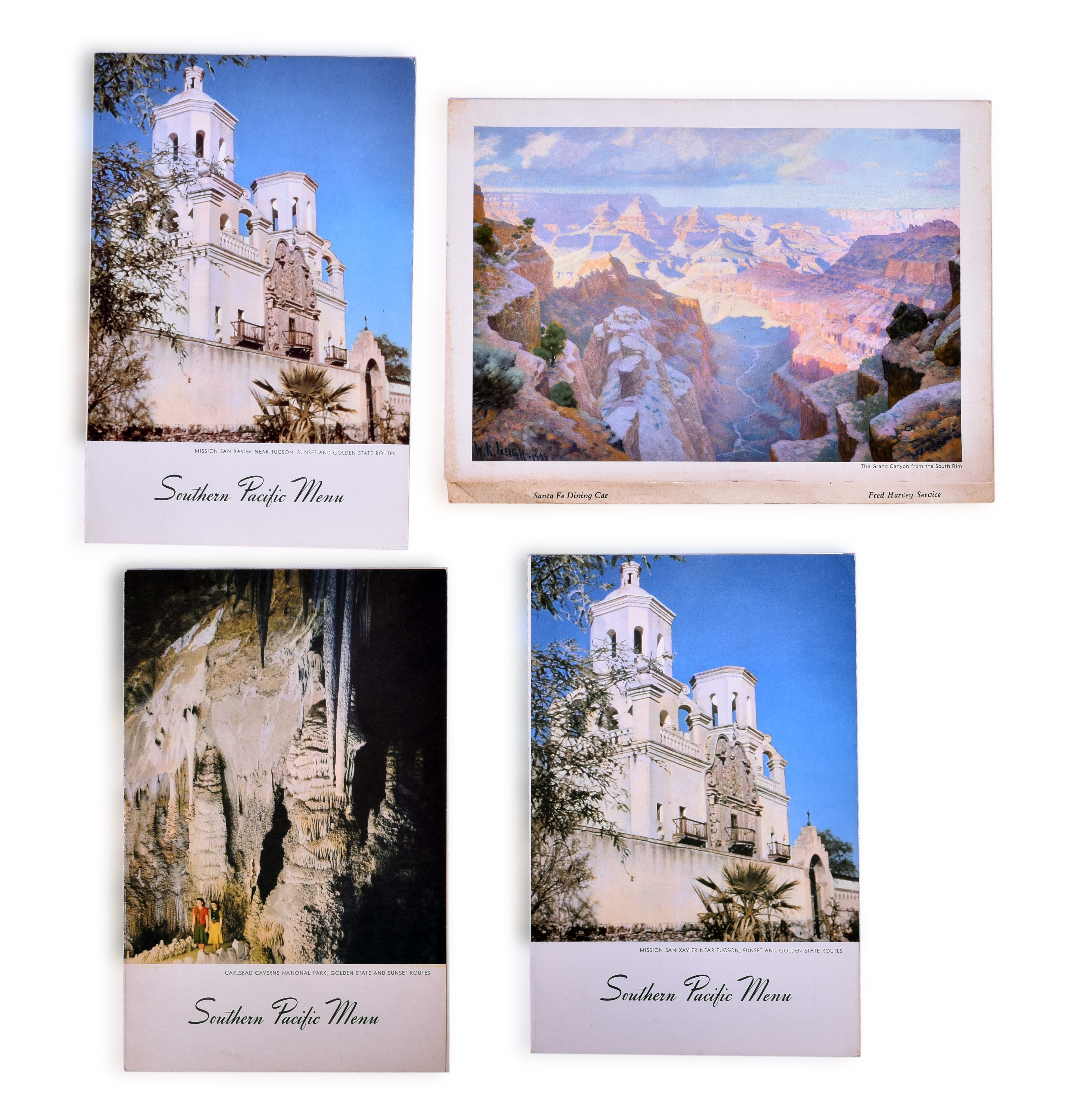 3043 - Santa Fe Railroad Fred Harvey Oldsmobile New Car Announcement Show Menu with Grand Canyon Cover & Southern Pacific Railroad 1940's Menus thumbnail