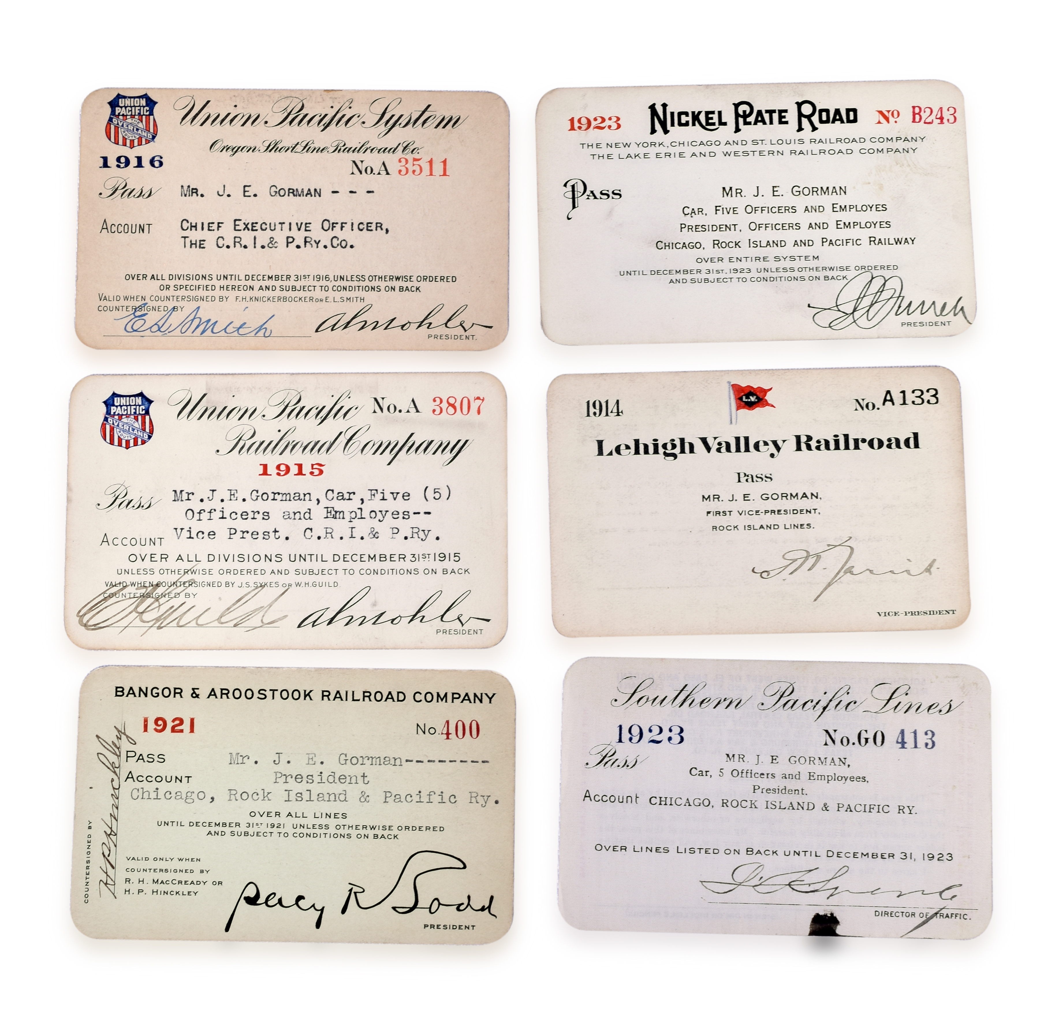 3045 - Six Annual Passes Issued to Rock Island President J.E. Gorman - Lehigh Valley, Union Pacific, Nickel Plate, B&A, Southern Pacific thumbnail