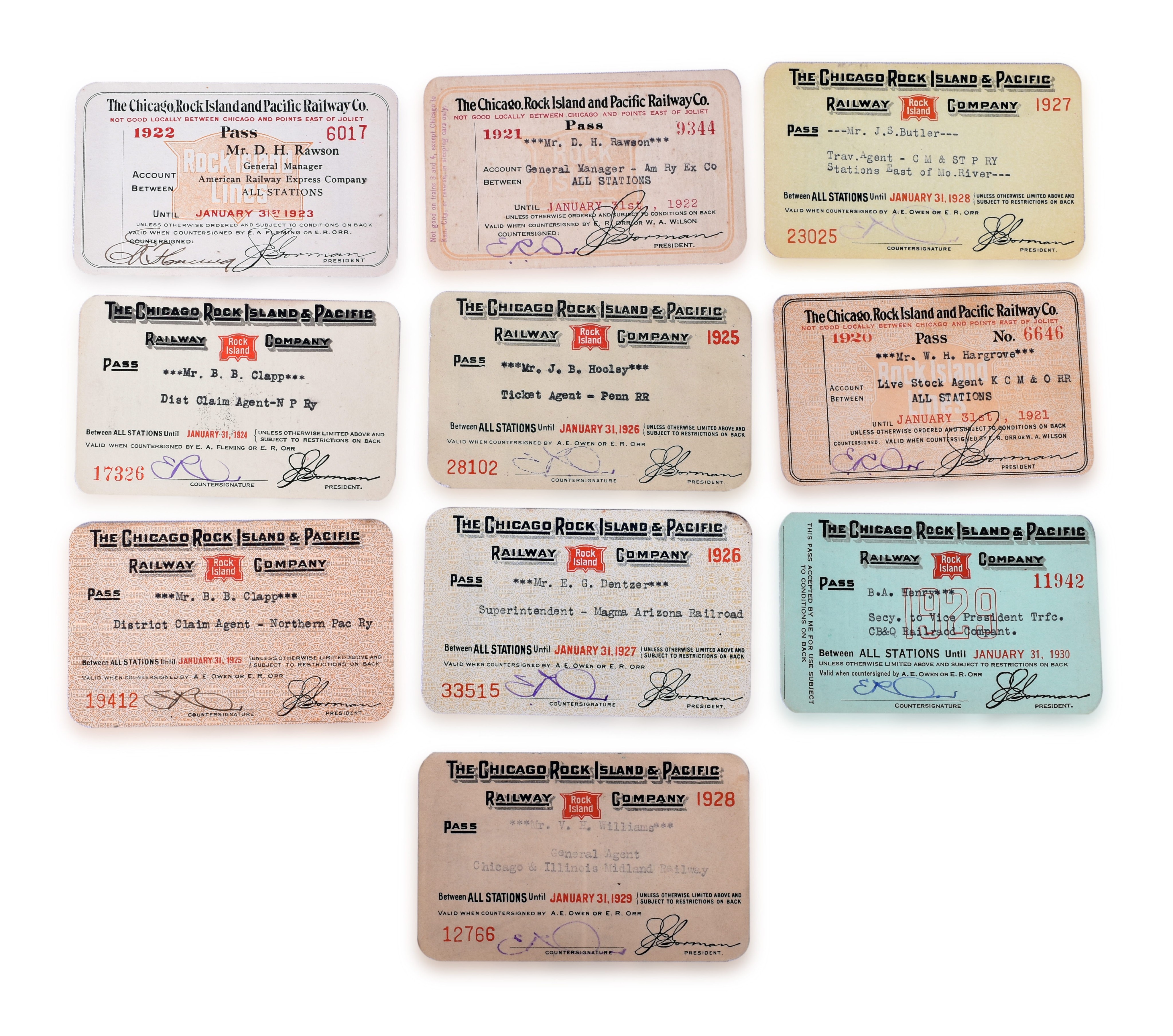 3048 - Ten Chicago, Rock Island & Pacific Annual Passes 1920-1929 thumbnail