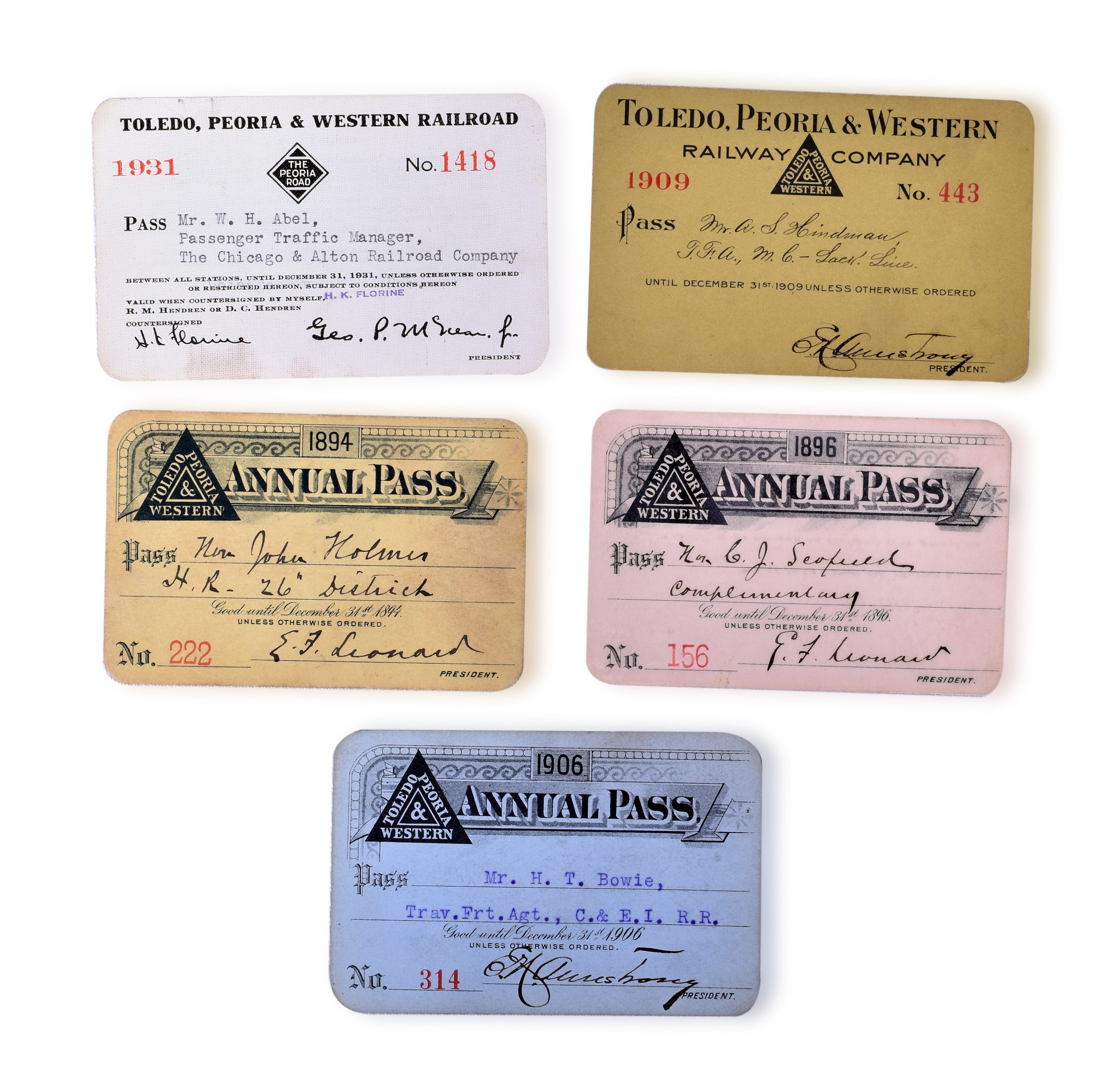 3051 - Five Toledo, Peoria & Western Railroad Annual Passes - 1894, 1896, 1905, 1909, 1931 thumbnail