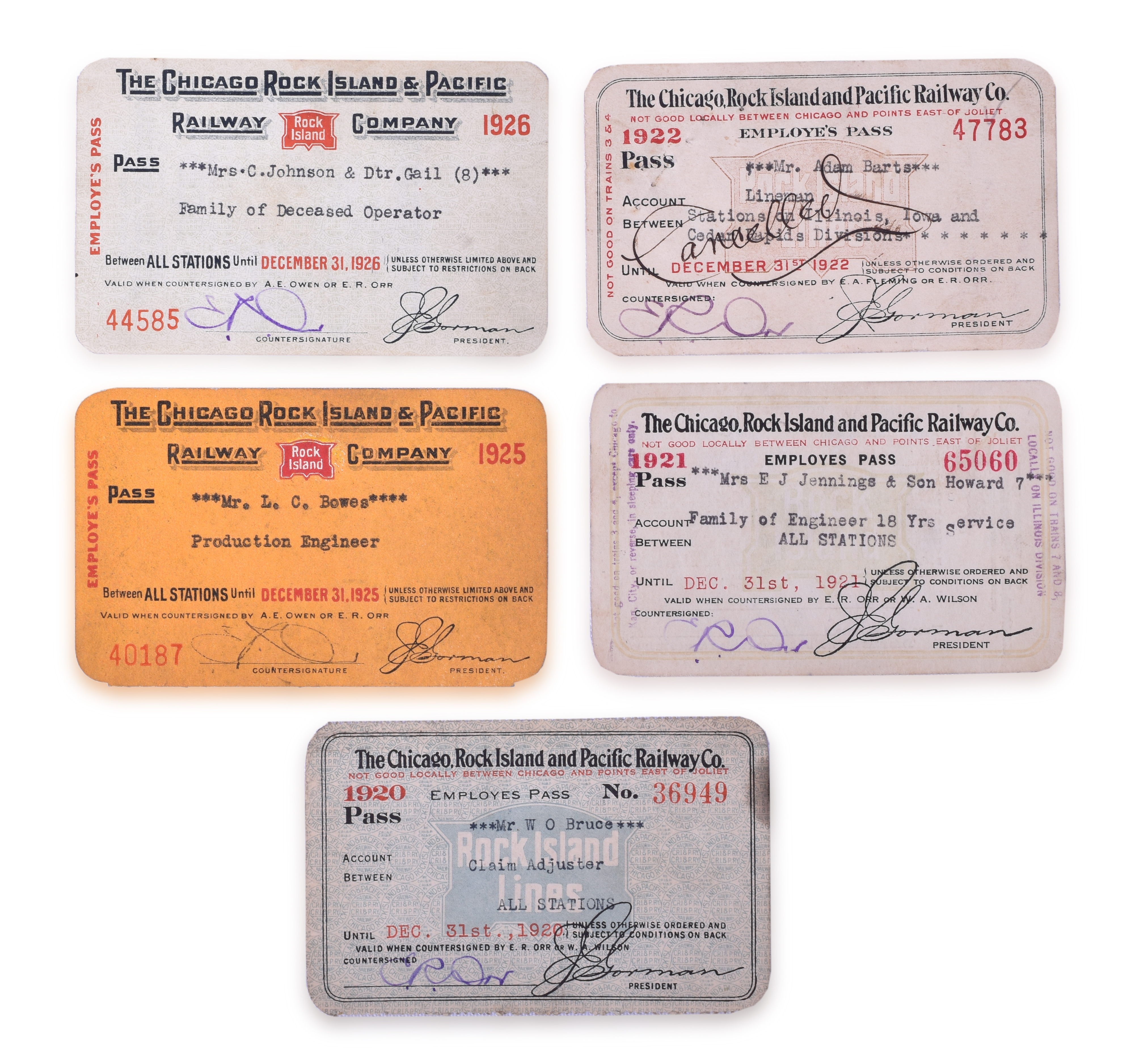 3054 - Five Chicago, Rock Island & Pacific 1920s Employee Annual Passes thumbnail