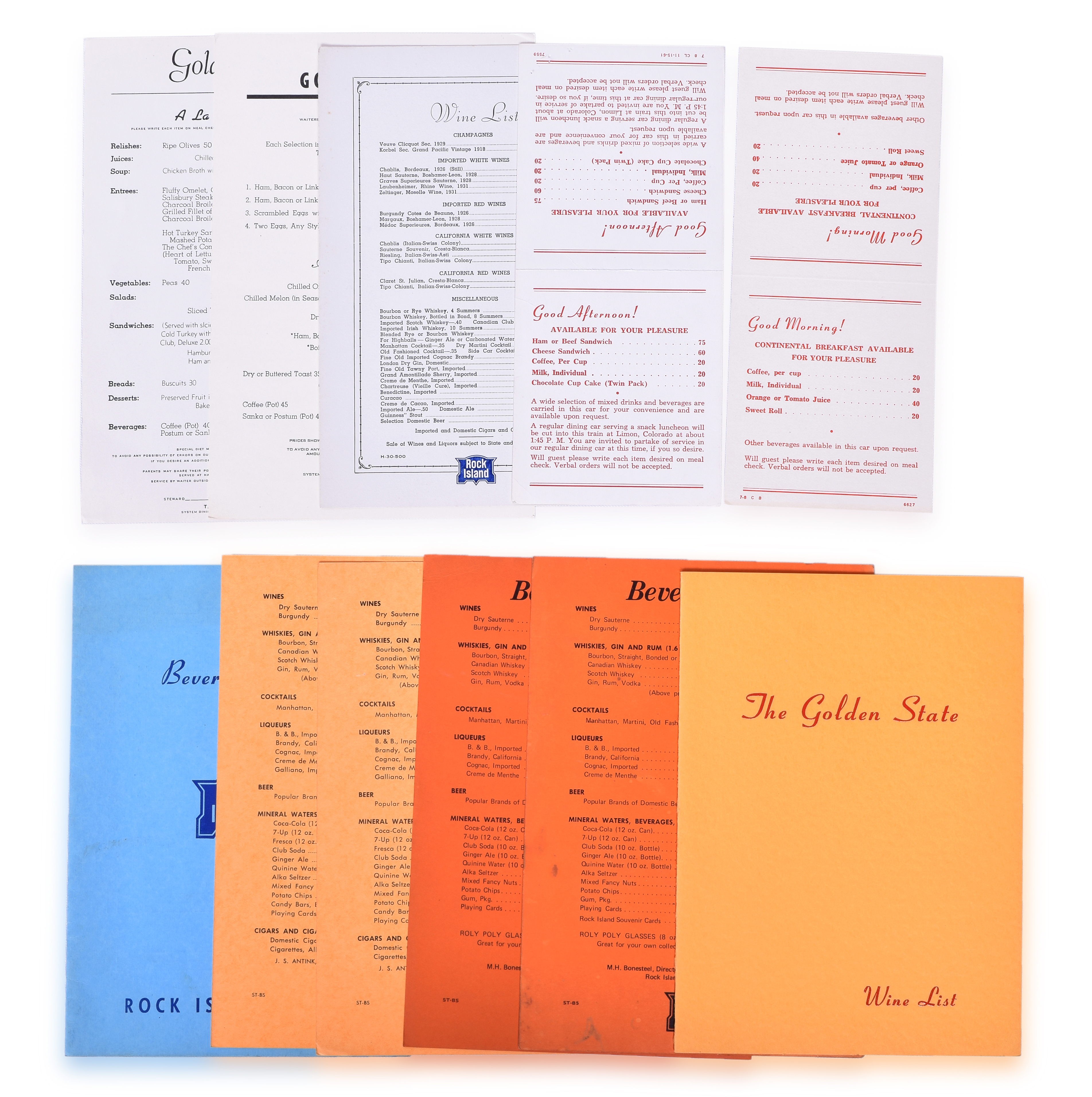 3055 - Rock Island & Golden State Southern Pacific Rock Island Railroad Menu Table Tents, Beverage List, Wine List & Menus. thumbnail