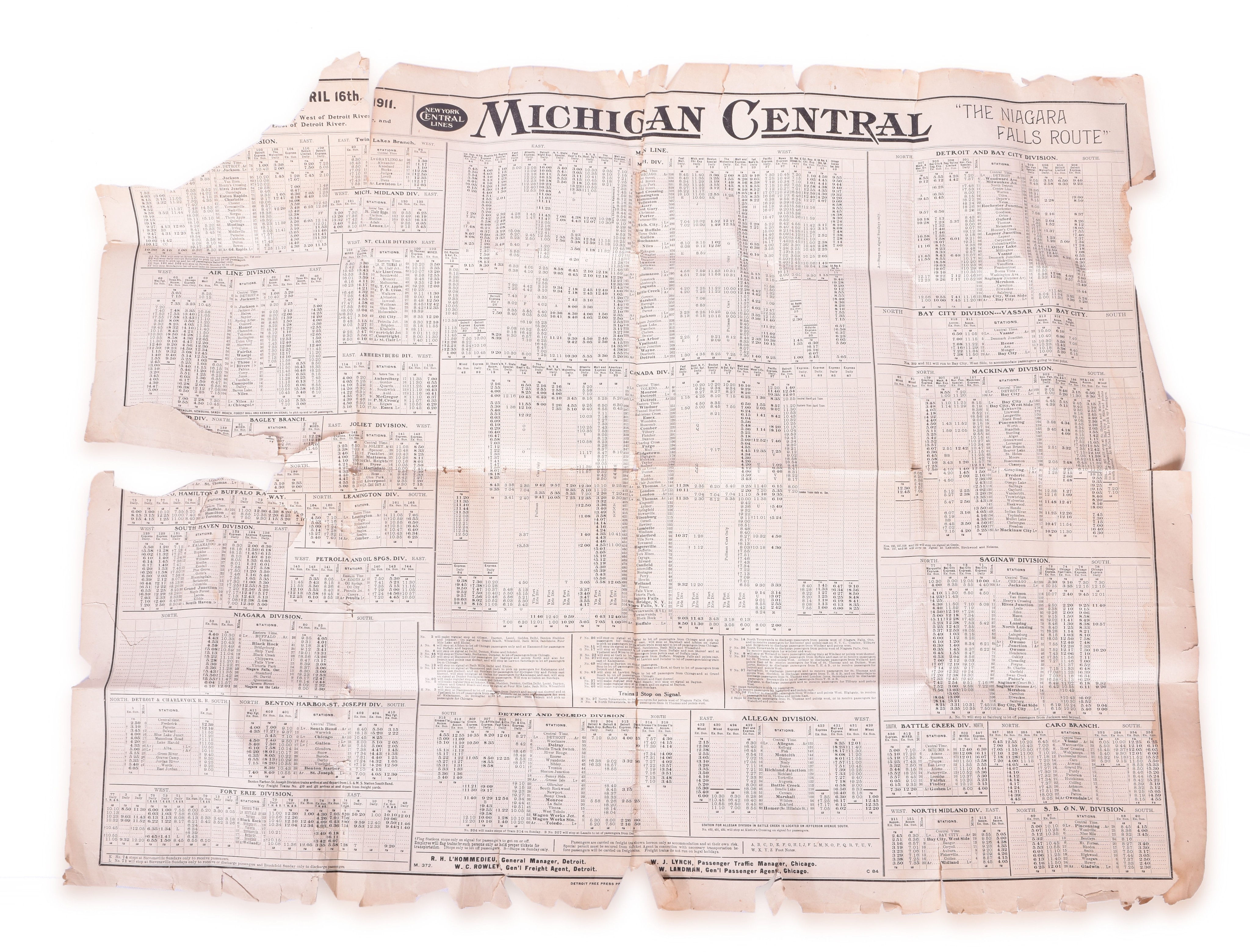 3060 - April 1916 Michigan Central Railroad - Large Bulletin Board Timetable thumbnail