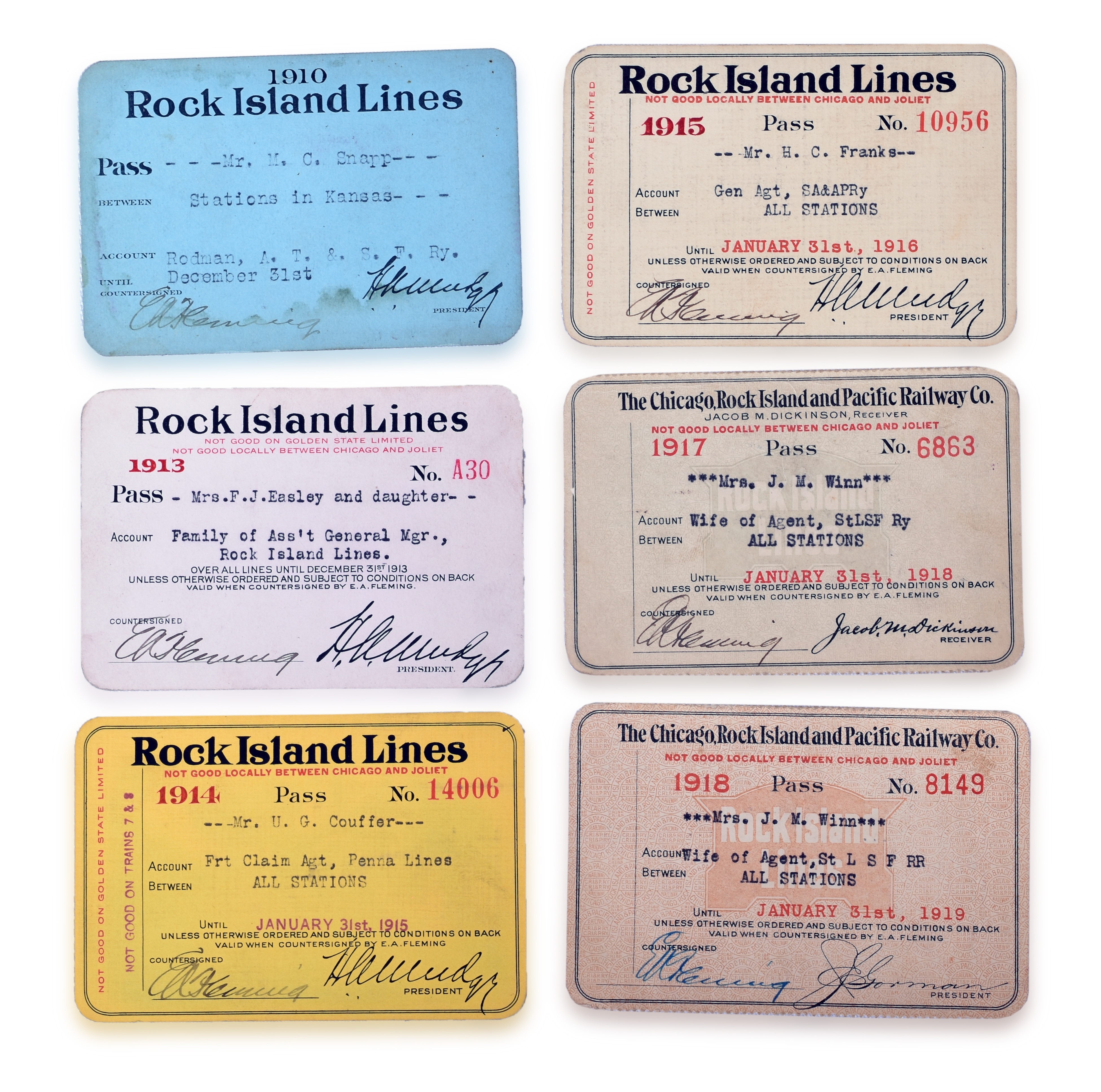 3061 - Six Chicago, Rock Island & Pacific Annual Passes - 1910, 1913, 1914, 1915, 1917, and 1918 thumbnail