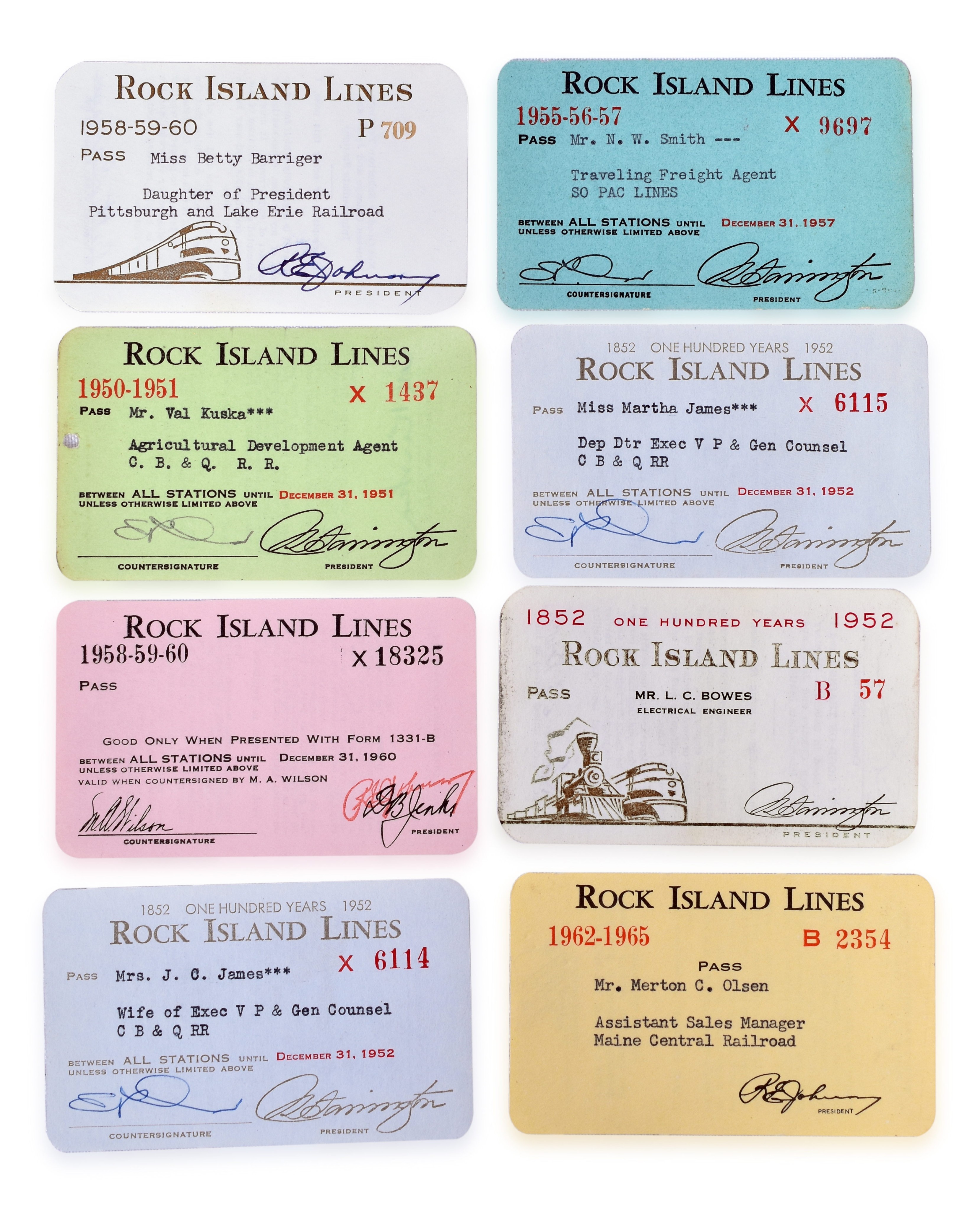 3071 - Eight Chicago, Rock Island & Pacific Annual Passes - 1952 Centennial, R. Ellis Johnson Signed, etc. thumbnail