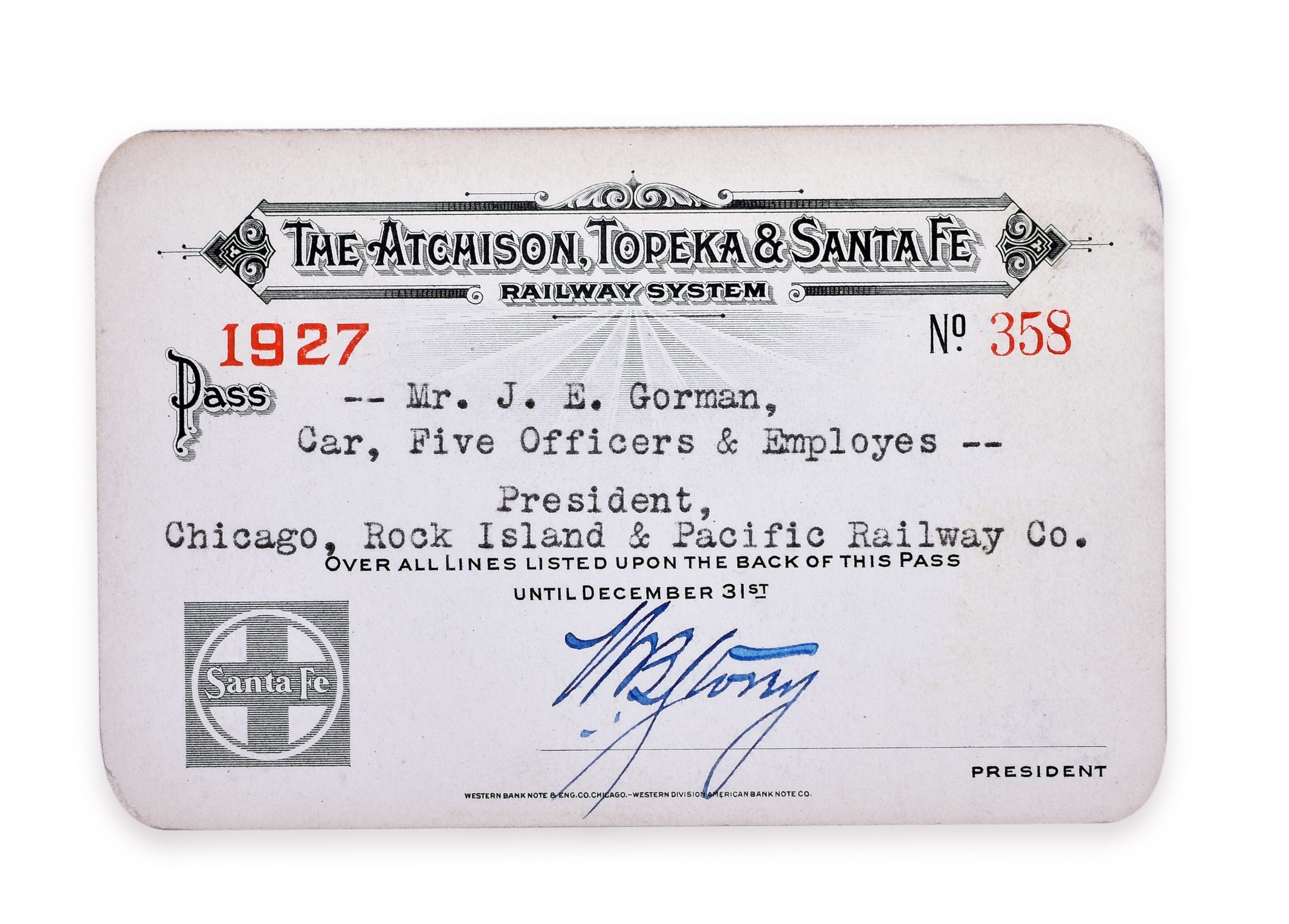 3074 - 1927 Atchison, Topeka and Santa Fe Railway Annual Pass - Issued to J.E. Gorman - Signed William Benson Storey thumbnail