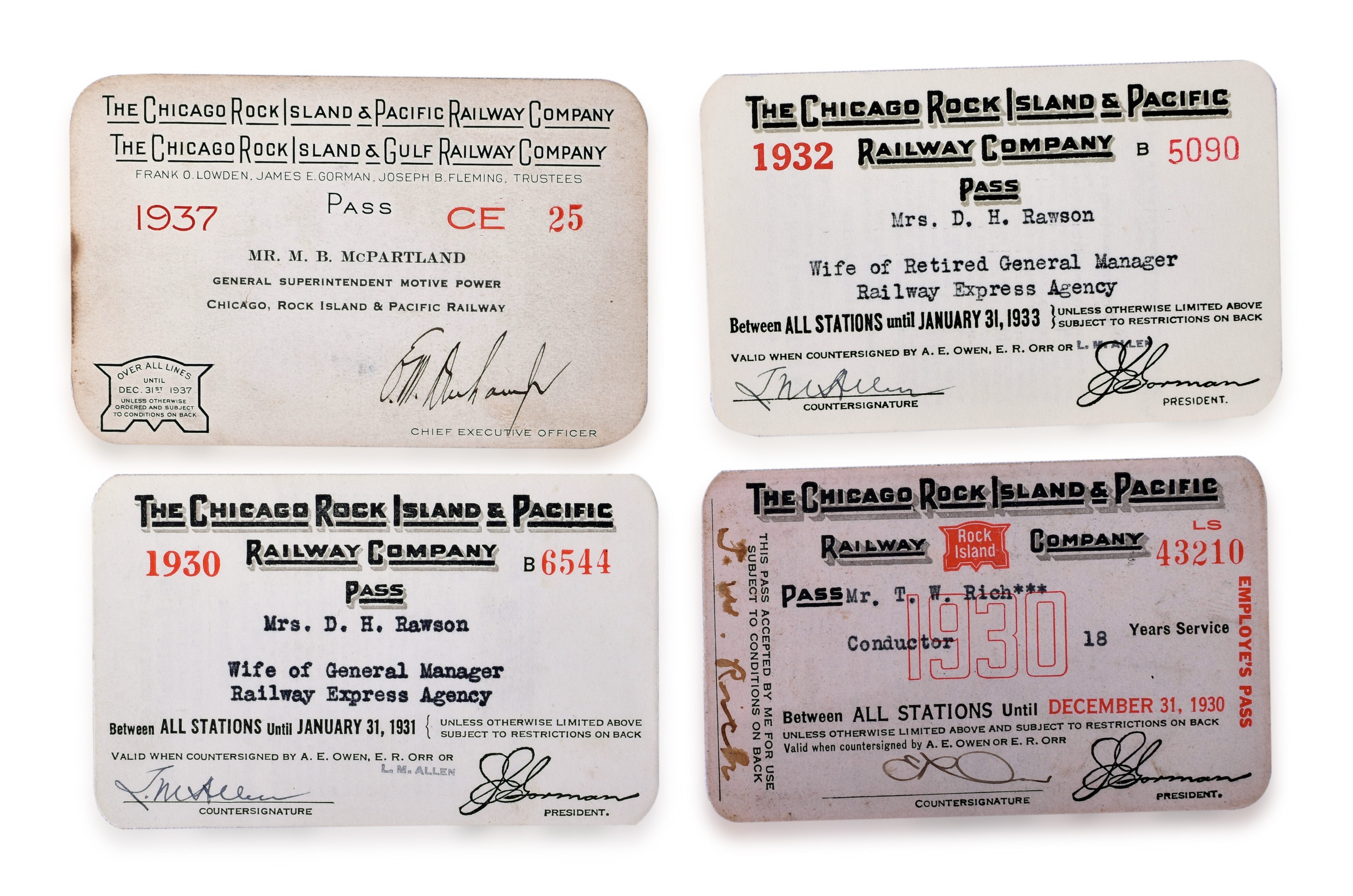 3077 - Four Rock Island Railroad Passes - 1937 Issued to the Superintendent of Motive Power, 1930, 1930, 1932 thumbnail
