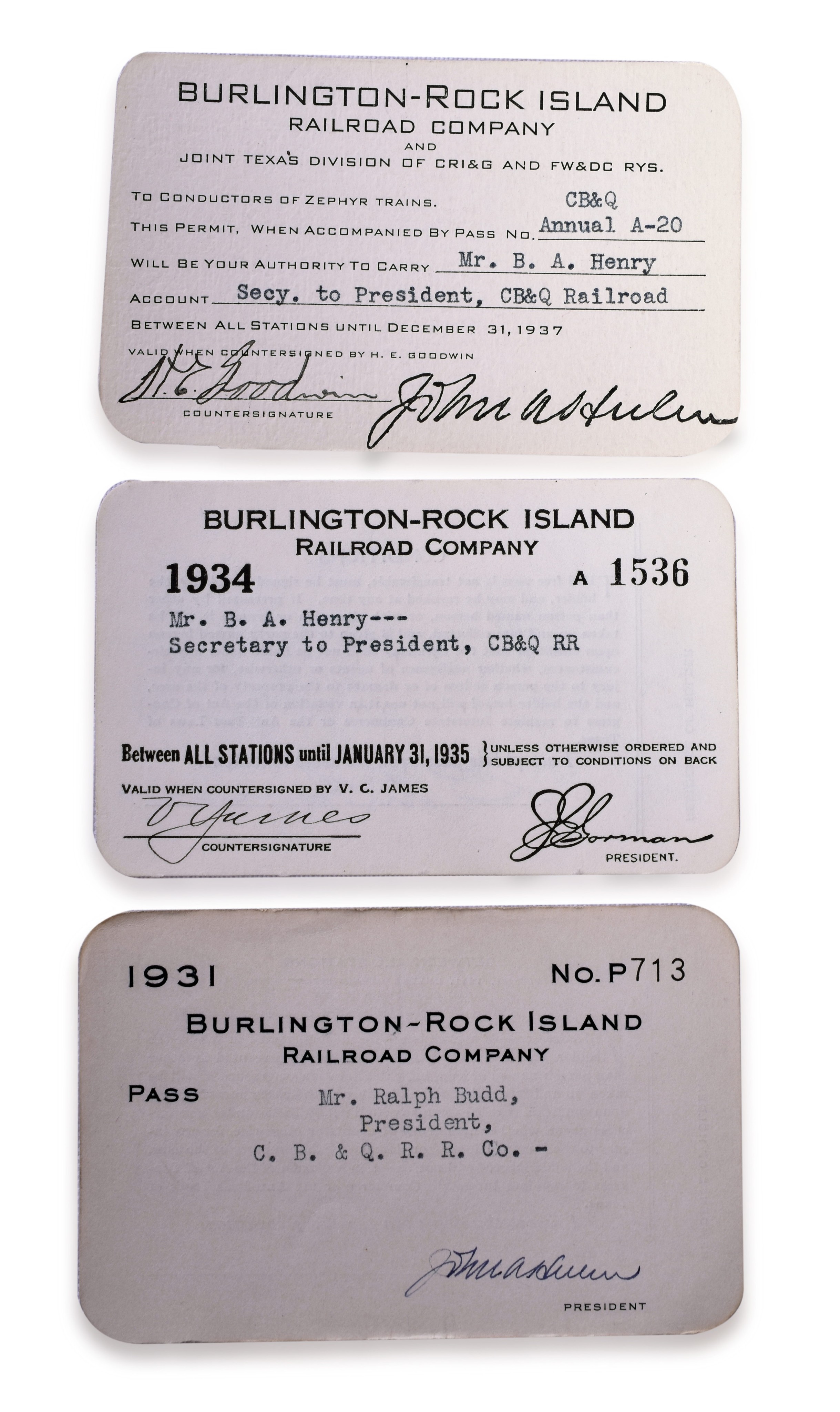 3080 - Three Burlington - Rock Island Railroad Annual Passes - CB&Q President Ralph Budd, signed John Hulen, etc. thumbnail