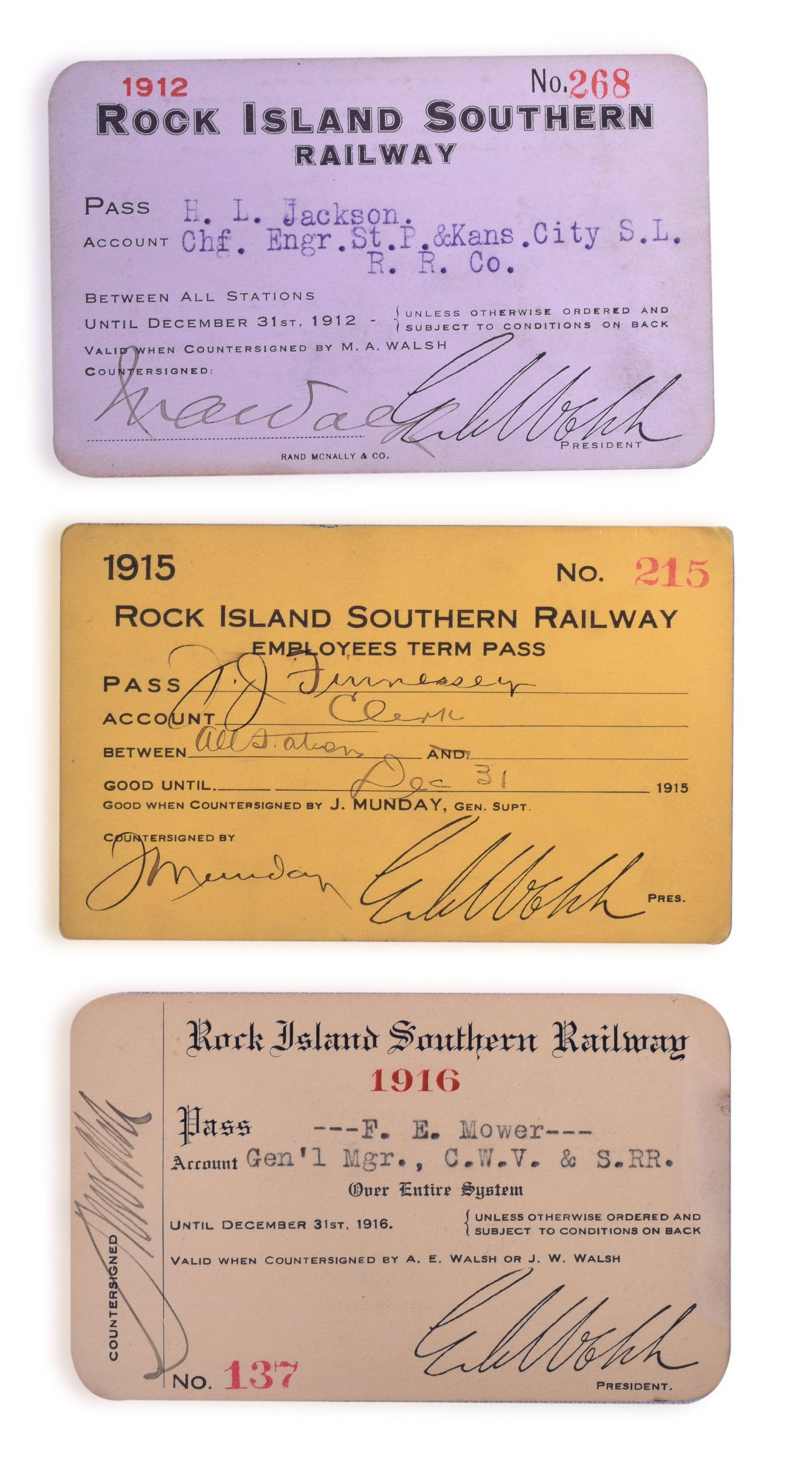 3083 - Three Rock Island Southern Railway Annual Passes 1912, 1915, 1916 thumbnail