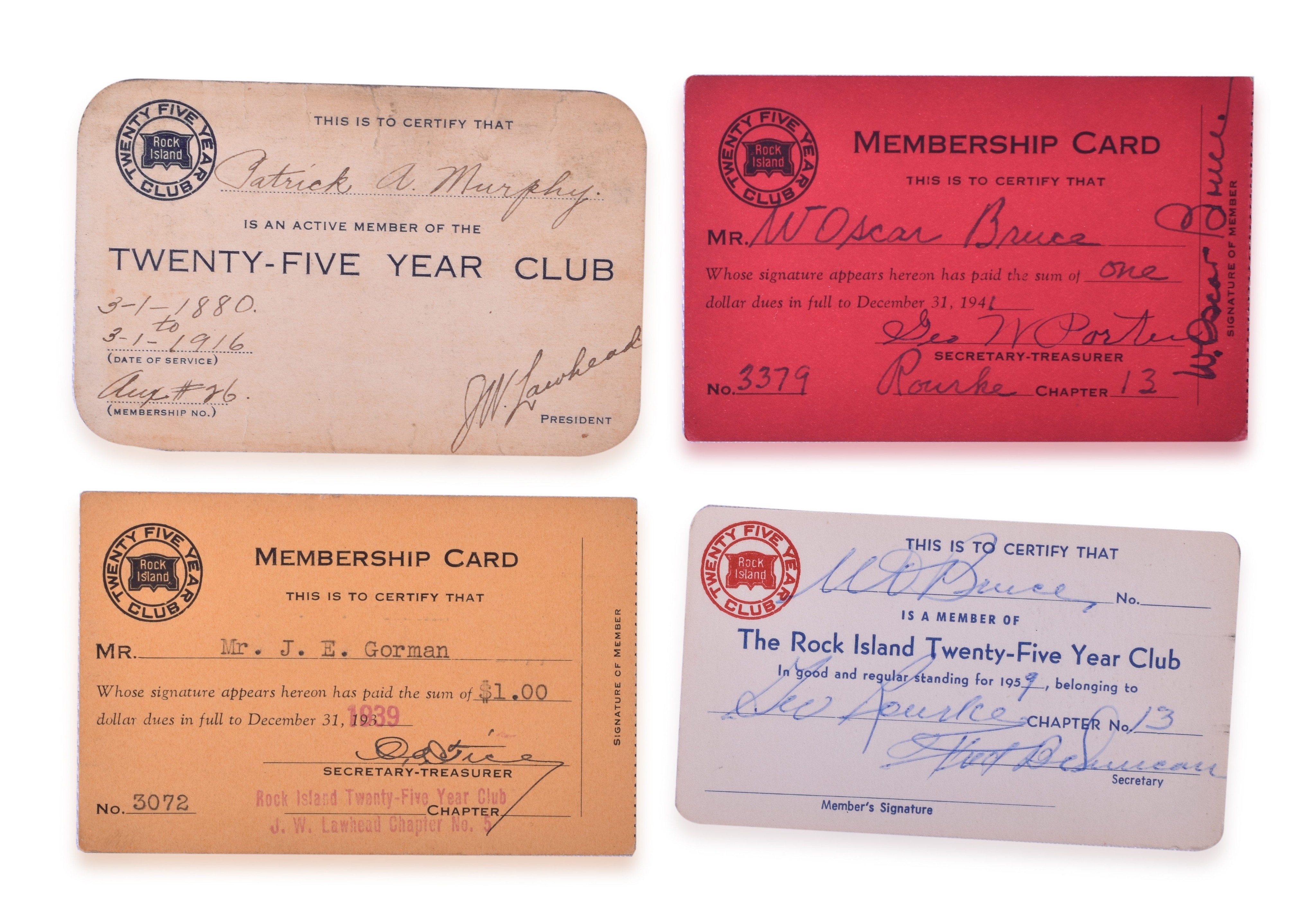 3086 - Four Rock Island Railroad Twenty-Five Year Club Membership Cards- J.E. Gorman 1916, 1939, 1941, 1959 thumbnail