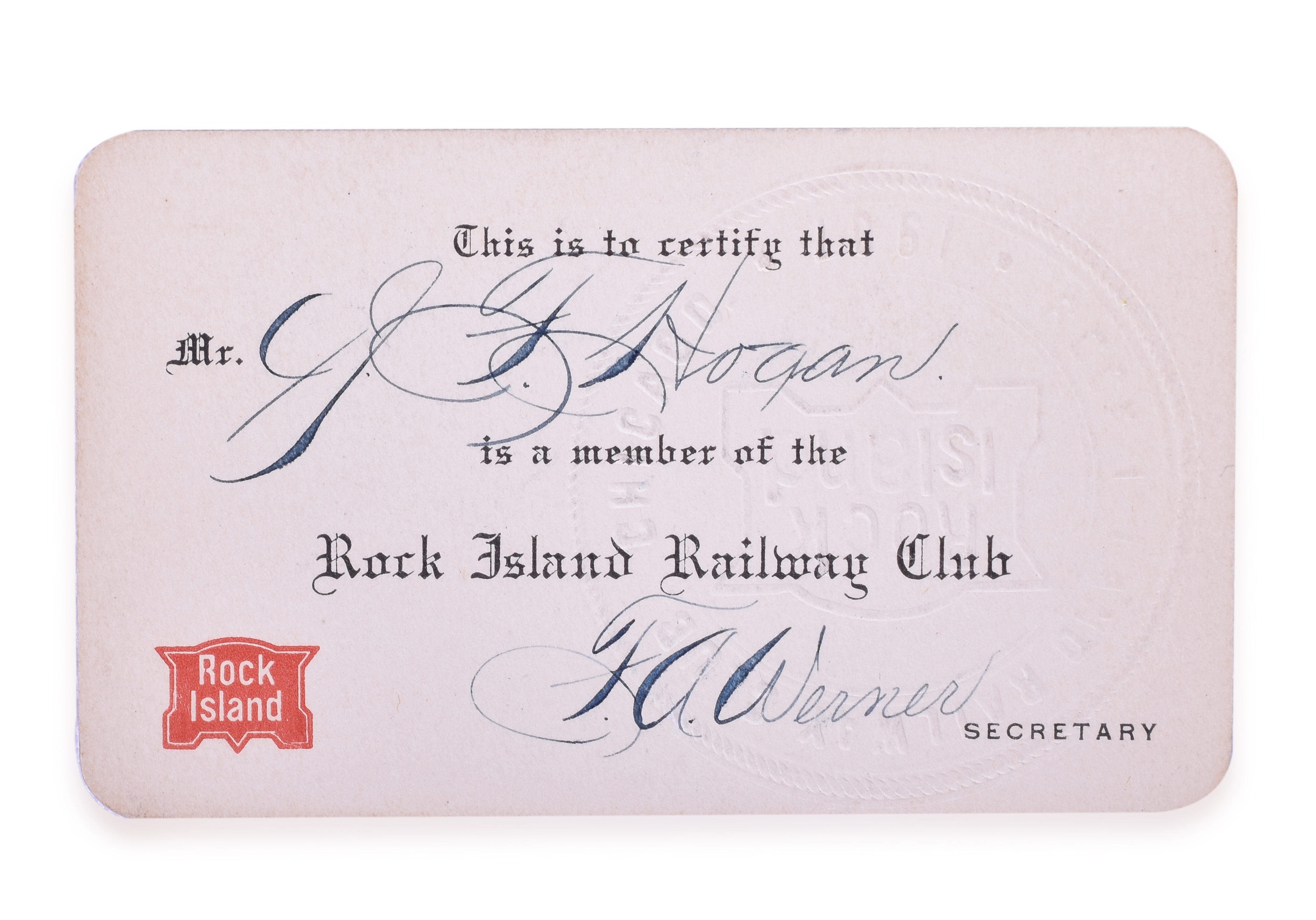 3089 - Chicago, Rock Island & Pacific 1907 Rock Island Railway Club Membership Card thumbnail