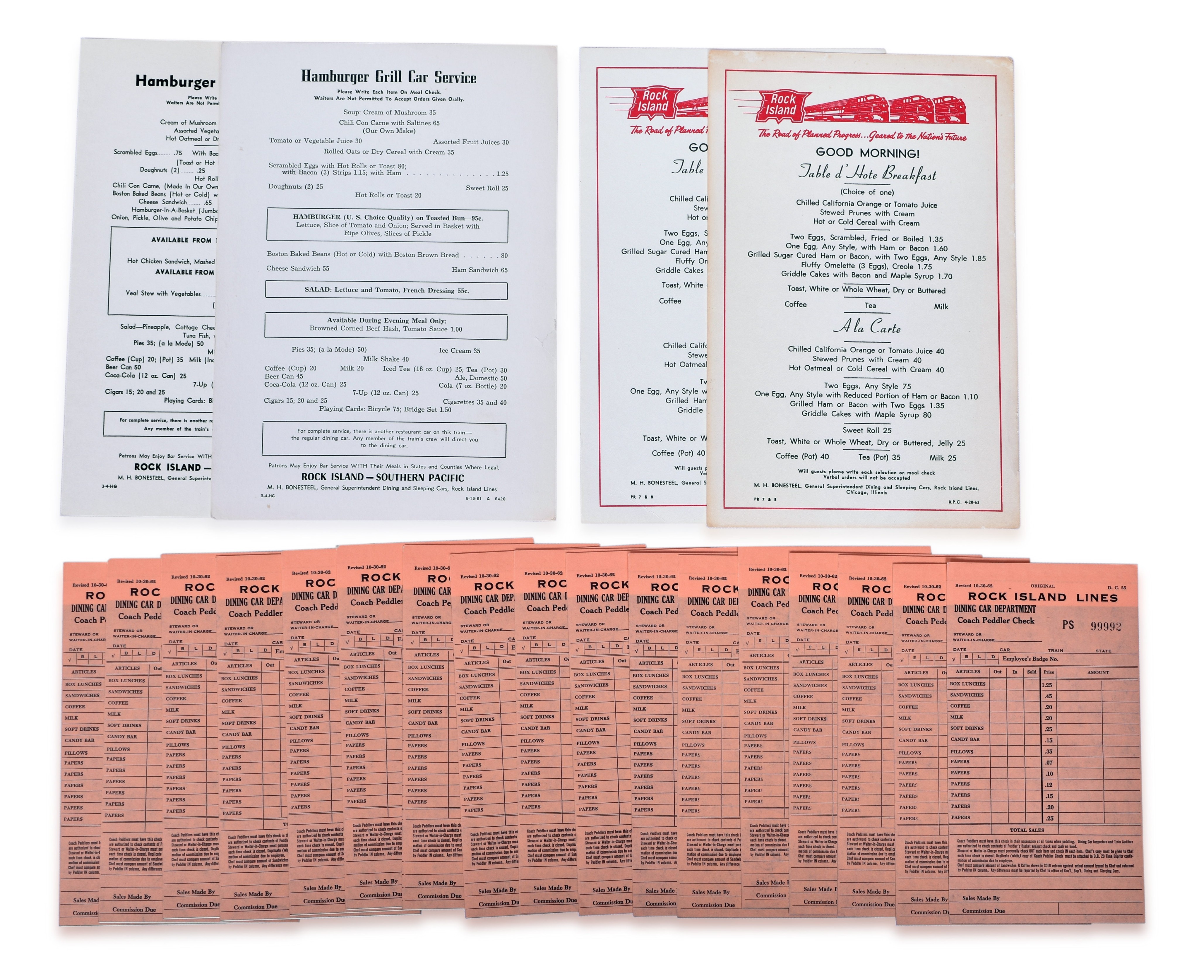 3091 - Rock Island Lines-Southern Pacific Railroad Menus & Dining Car Department Coach Peddler Checks thumbnail