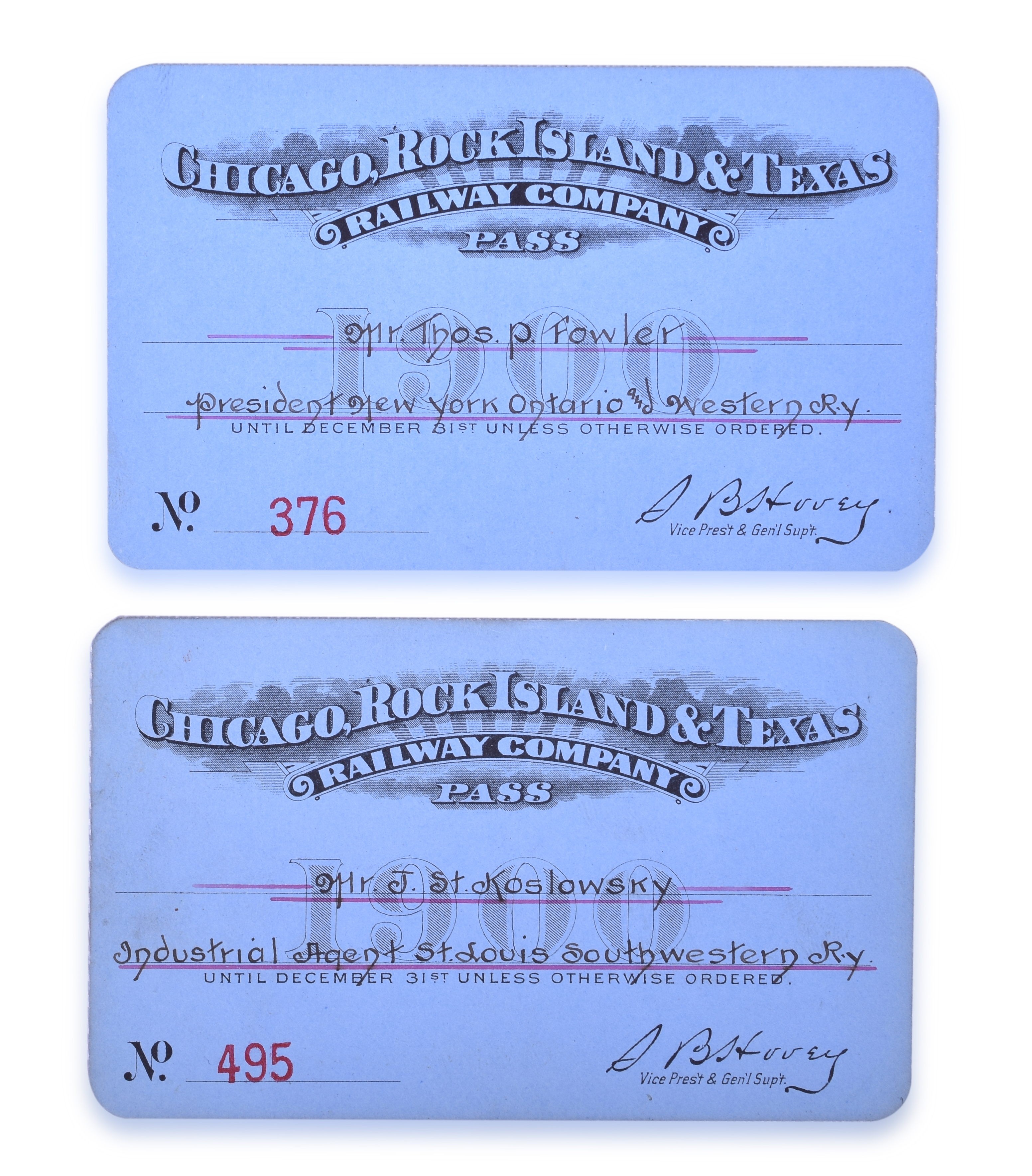 3092 - Pair of Chicago, Rock Island & Texas Railway 1900 Annual Passes thumbnail