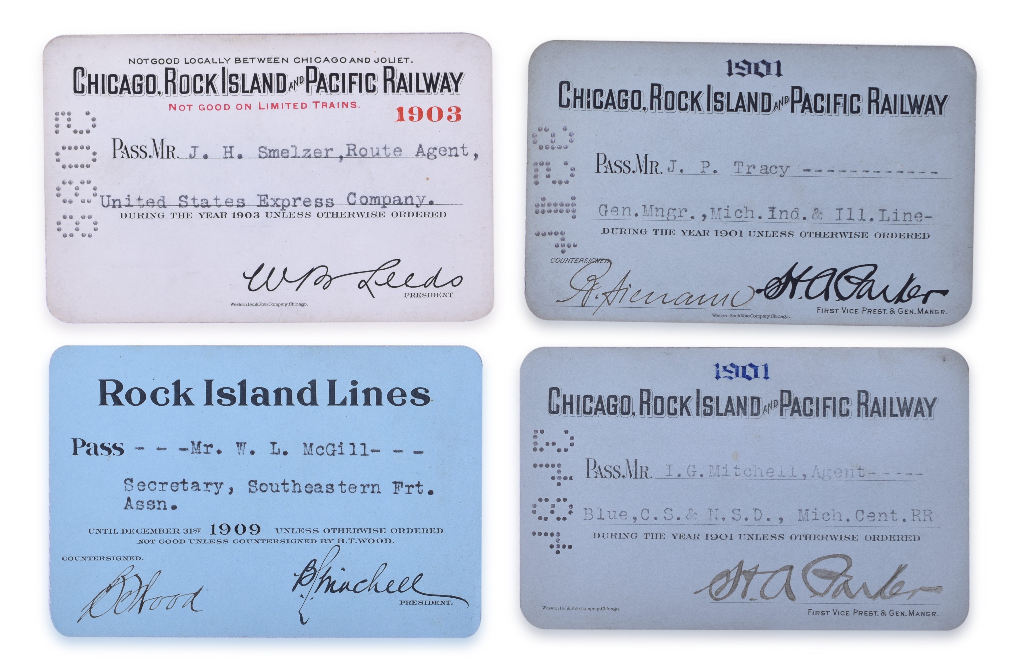 3098 - Four 1900s Chicago, Rock Island & Pacific Annual Passes 1901, 1901, 1903, 1909 thumbnail
