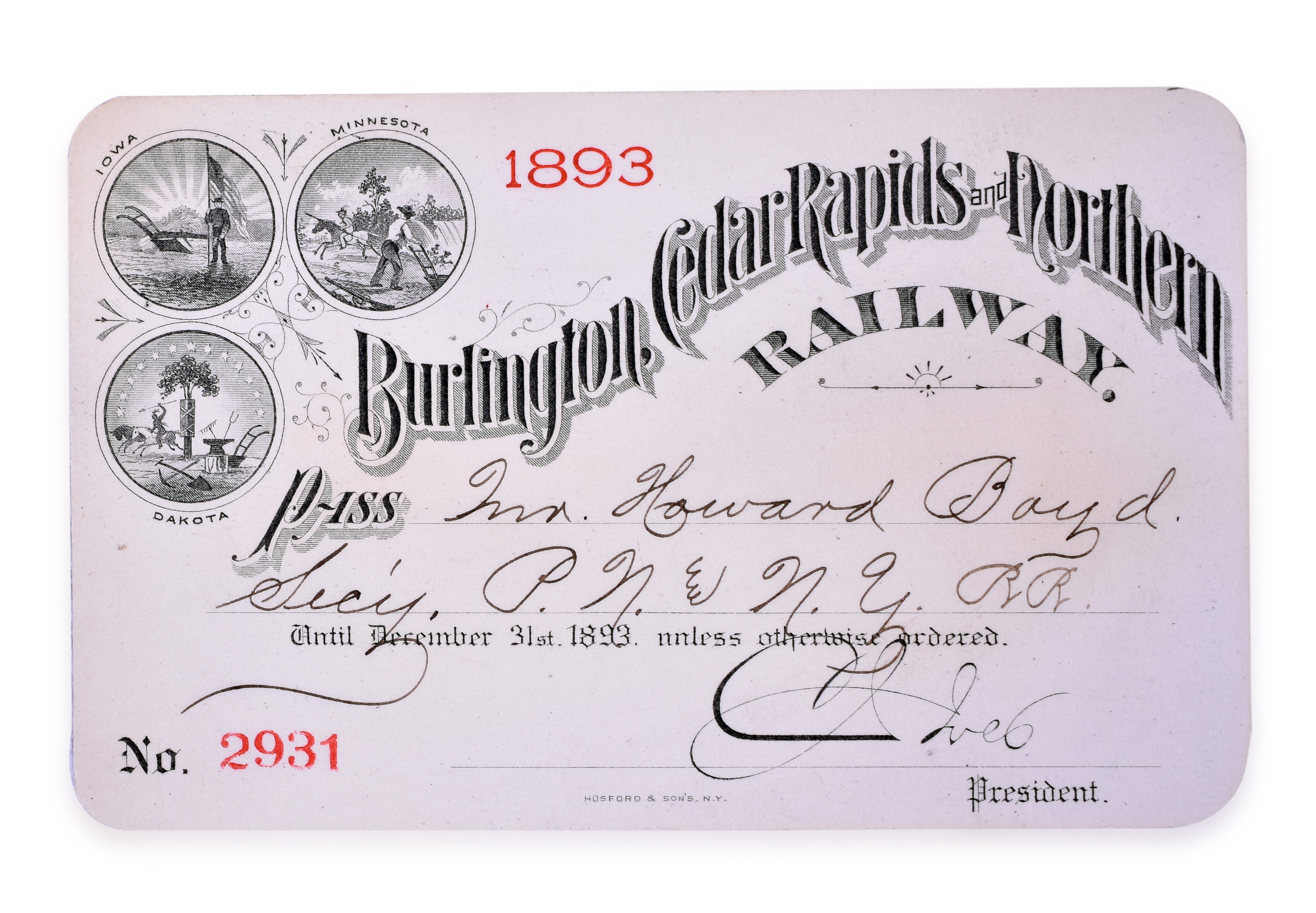 3104 - 1893 Burlington, Cedar Rapids and Northern Railway Annual Pass thumbnail