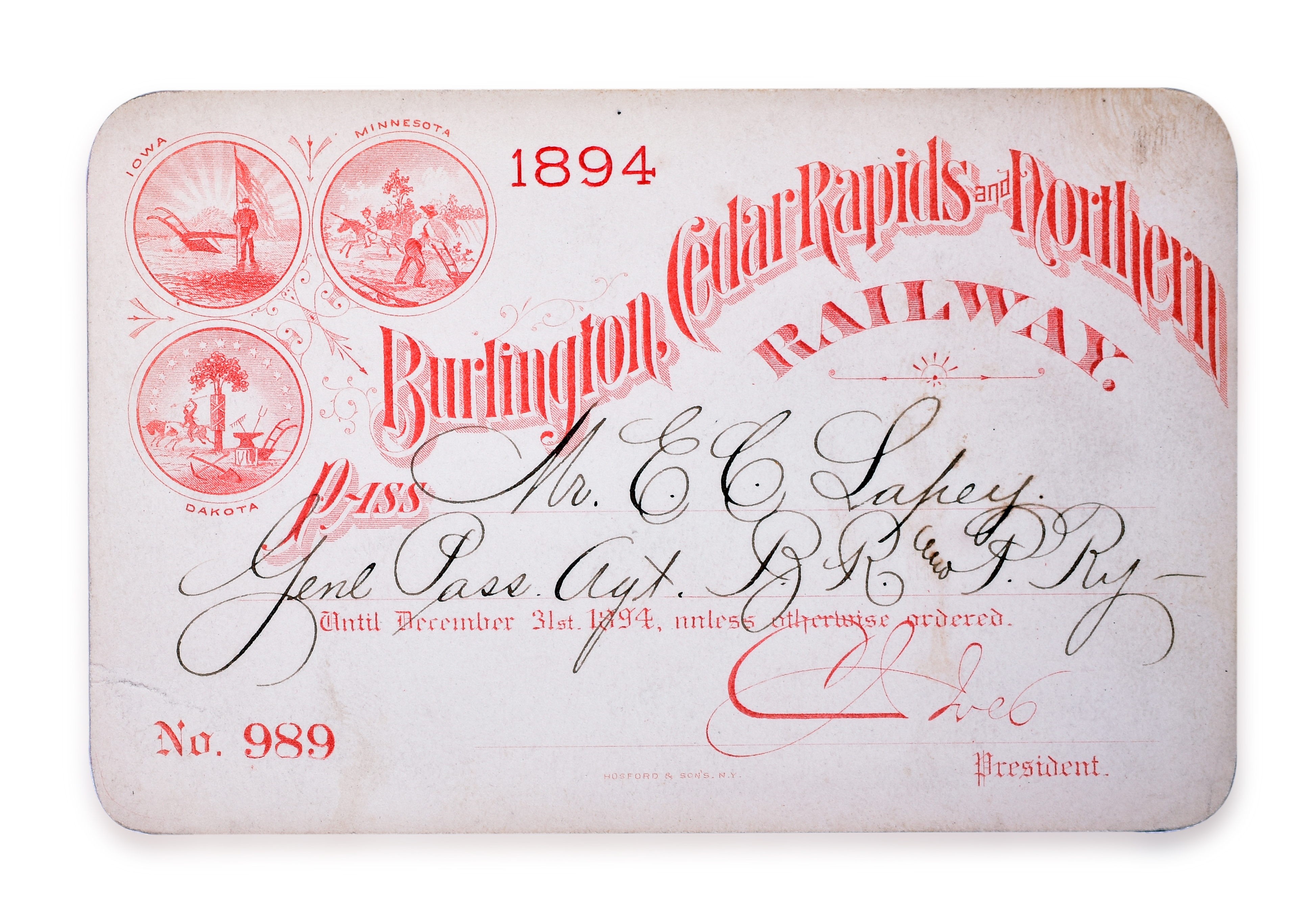 3107 - 1894 Burlington, Cedar Rapids and Northern Railway Annual Pass thumbnail