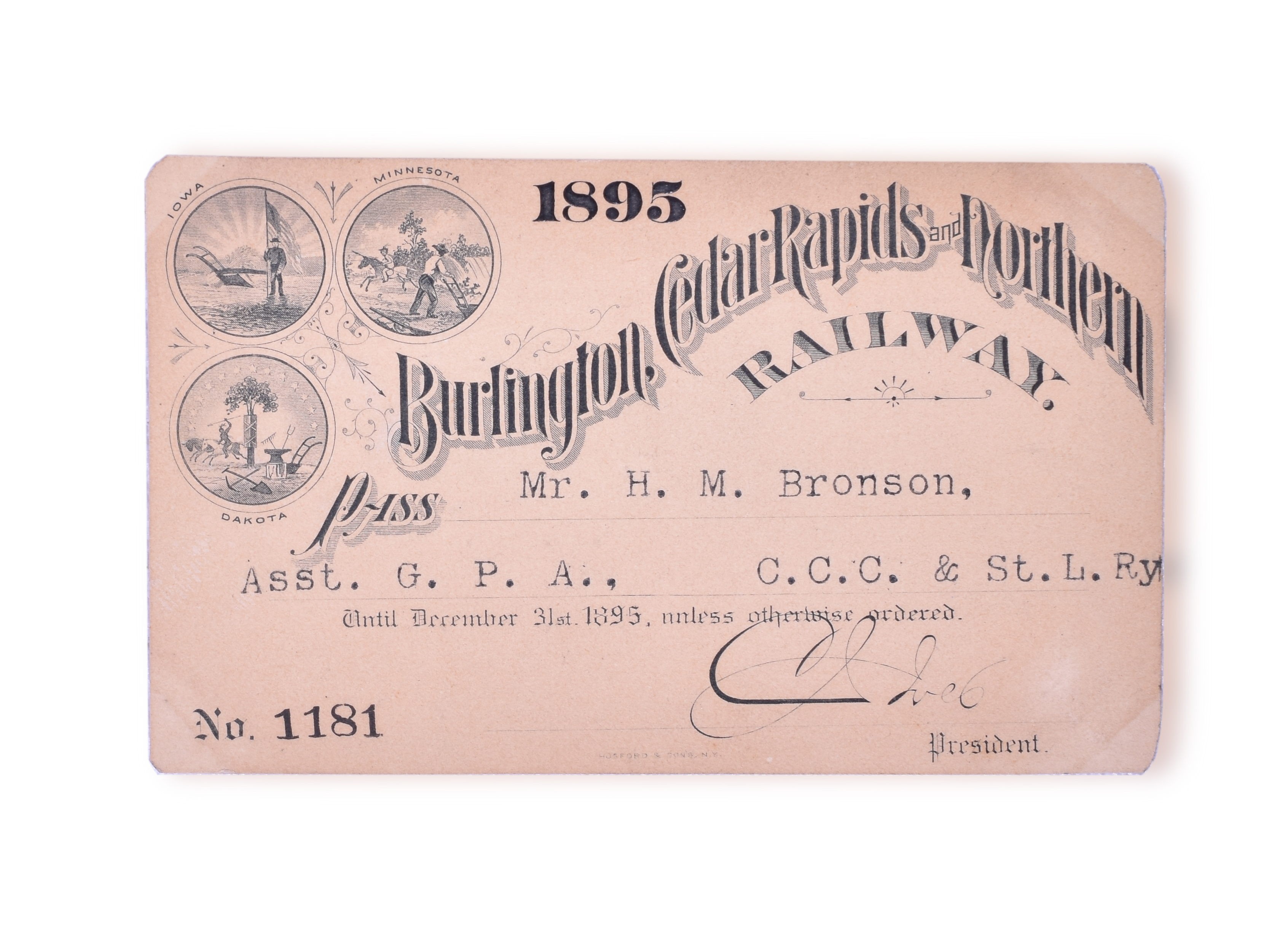 3111 - 1895 Burlington, Cedar Rapids and Northern Railway Annual Pass thumbnail