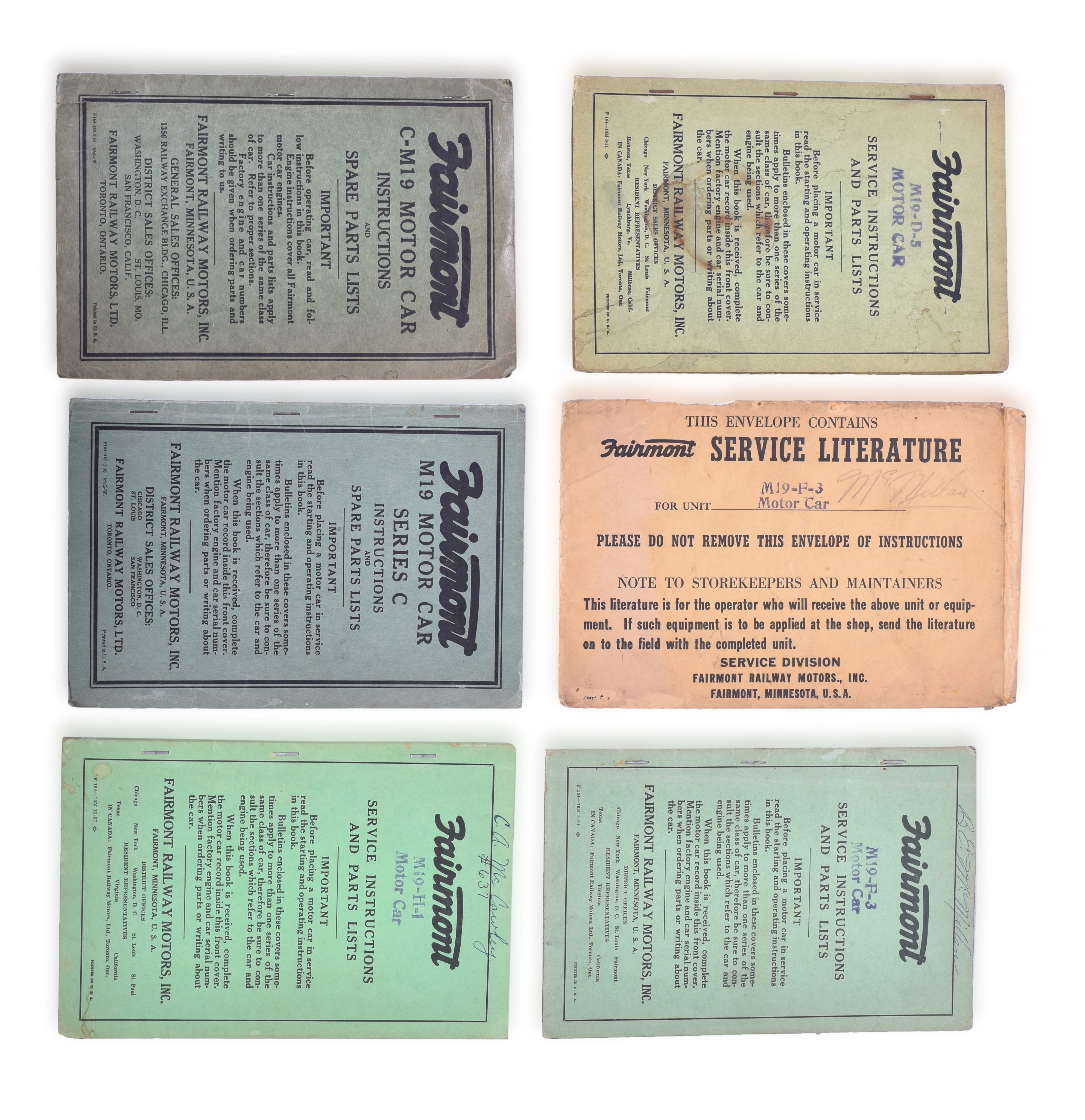 3112 - Five Fairmont M-19 Motor Car / Speeder Service Instructions and Parts Lists thumbnail