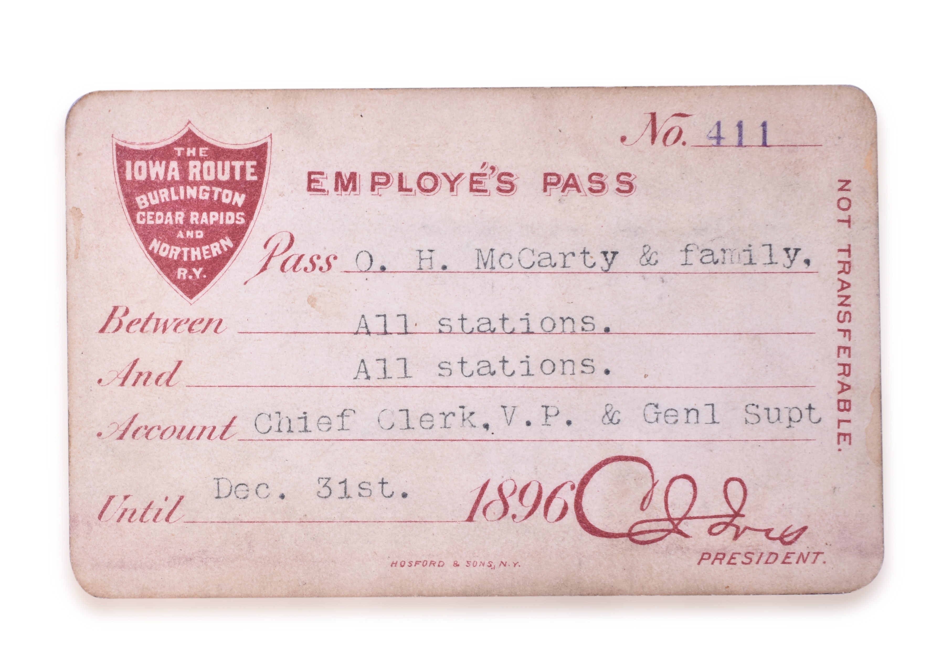 3114 - 1896 Burlington, Cedar Rapids and Northern Railway Employee Annual Pass thumbnail