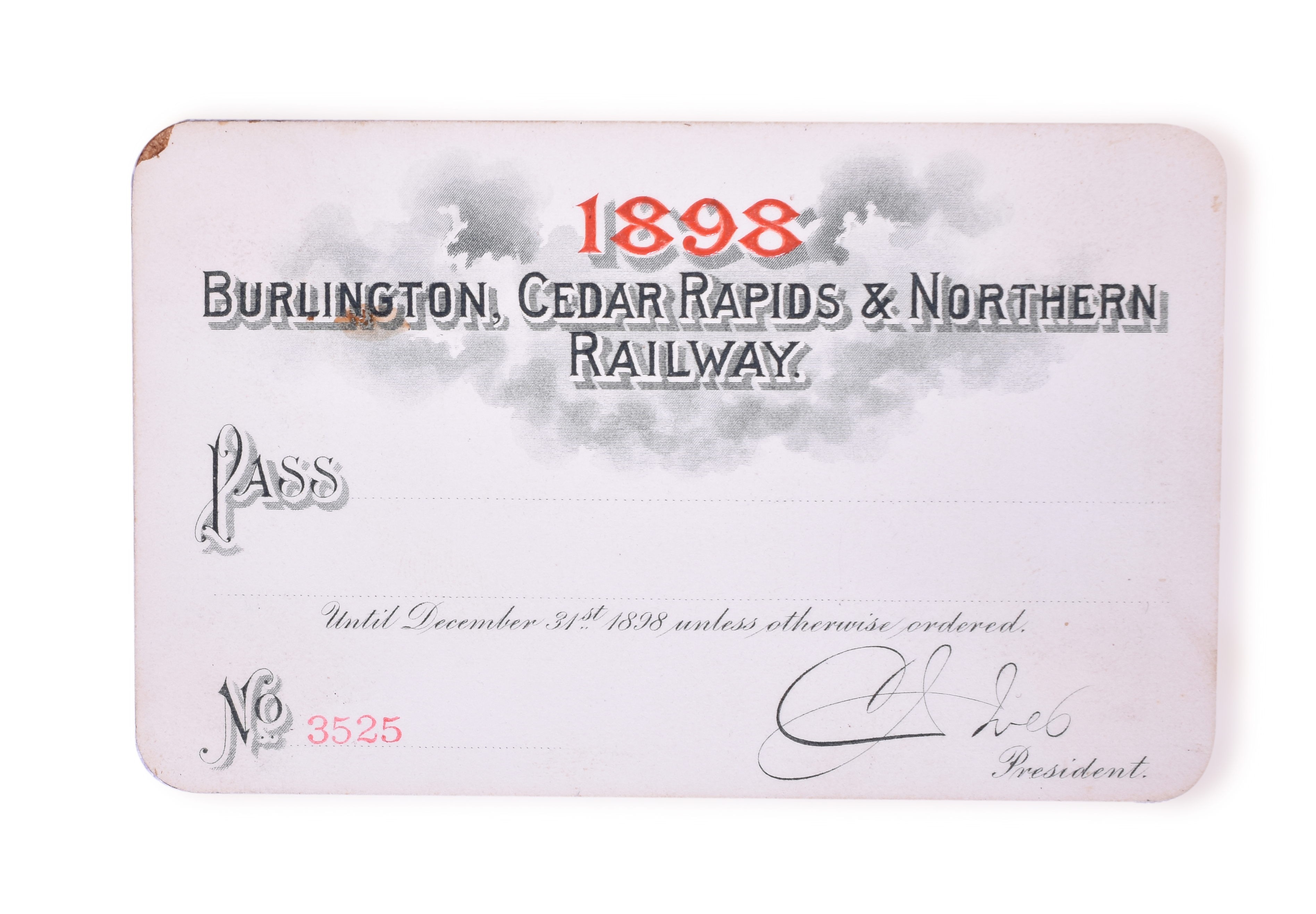 3117 - Unissued 1898 Burlington, Cedar Rapids and Northern Railway Annual Pass thumbnail