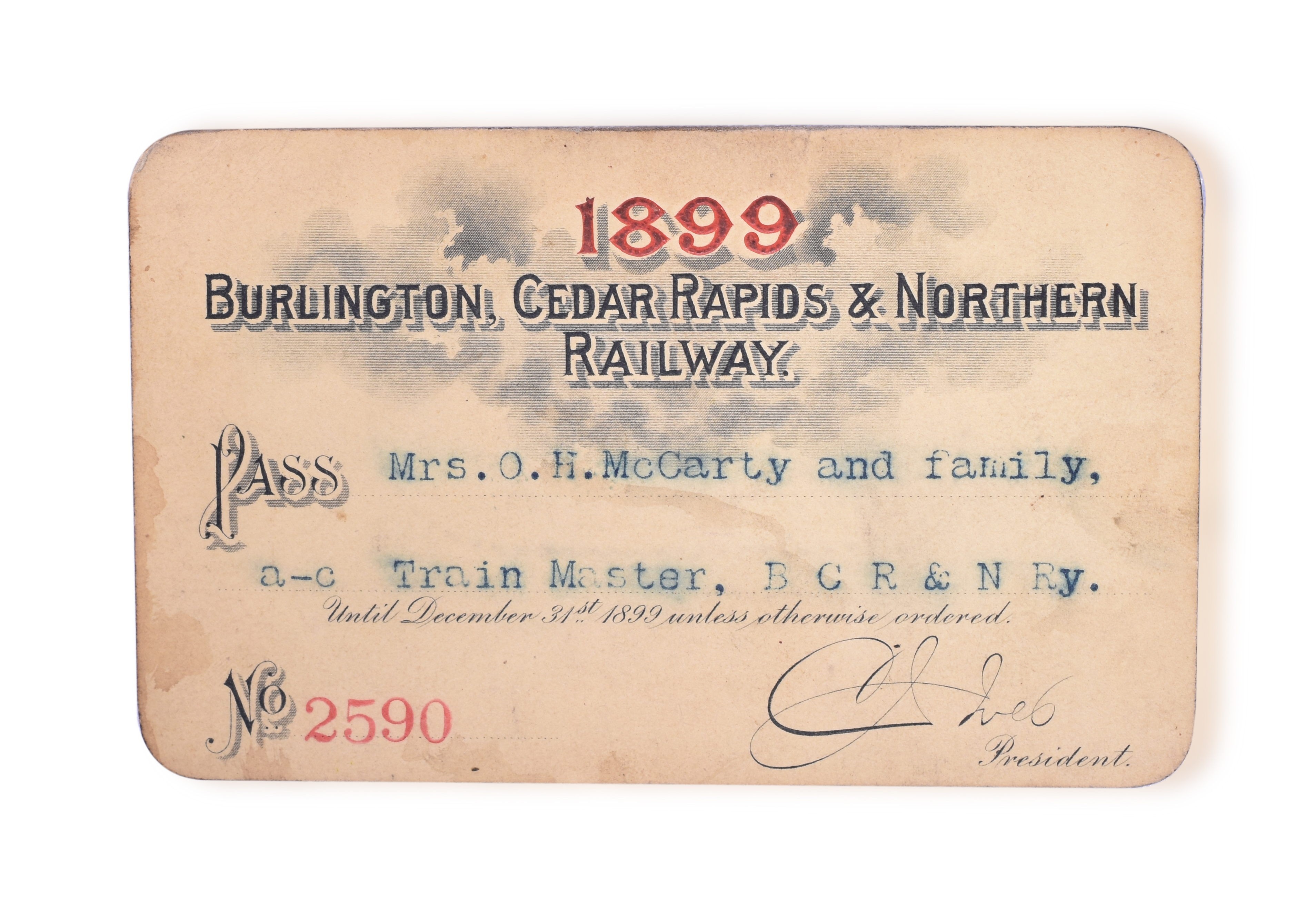 3120 - 1899 Burlington, Cedar Rapids and Northern Railway Annual Pass thumbnail