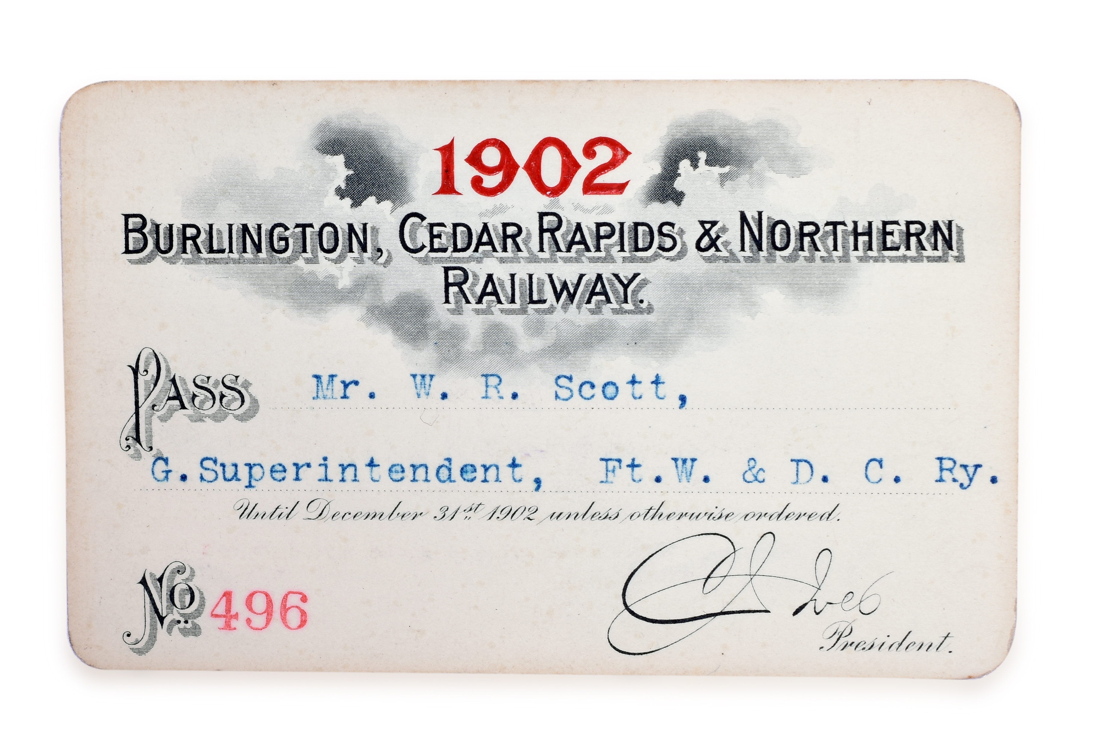 3123 - 1902 Burlington, Cedar Rapids and Northern Railway Annual Pass thumbnail