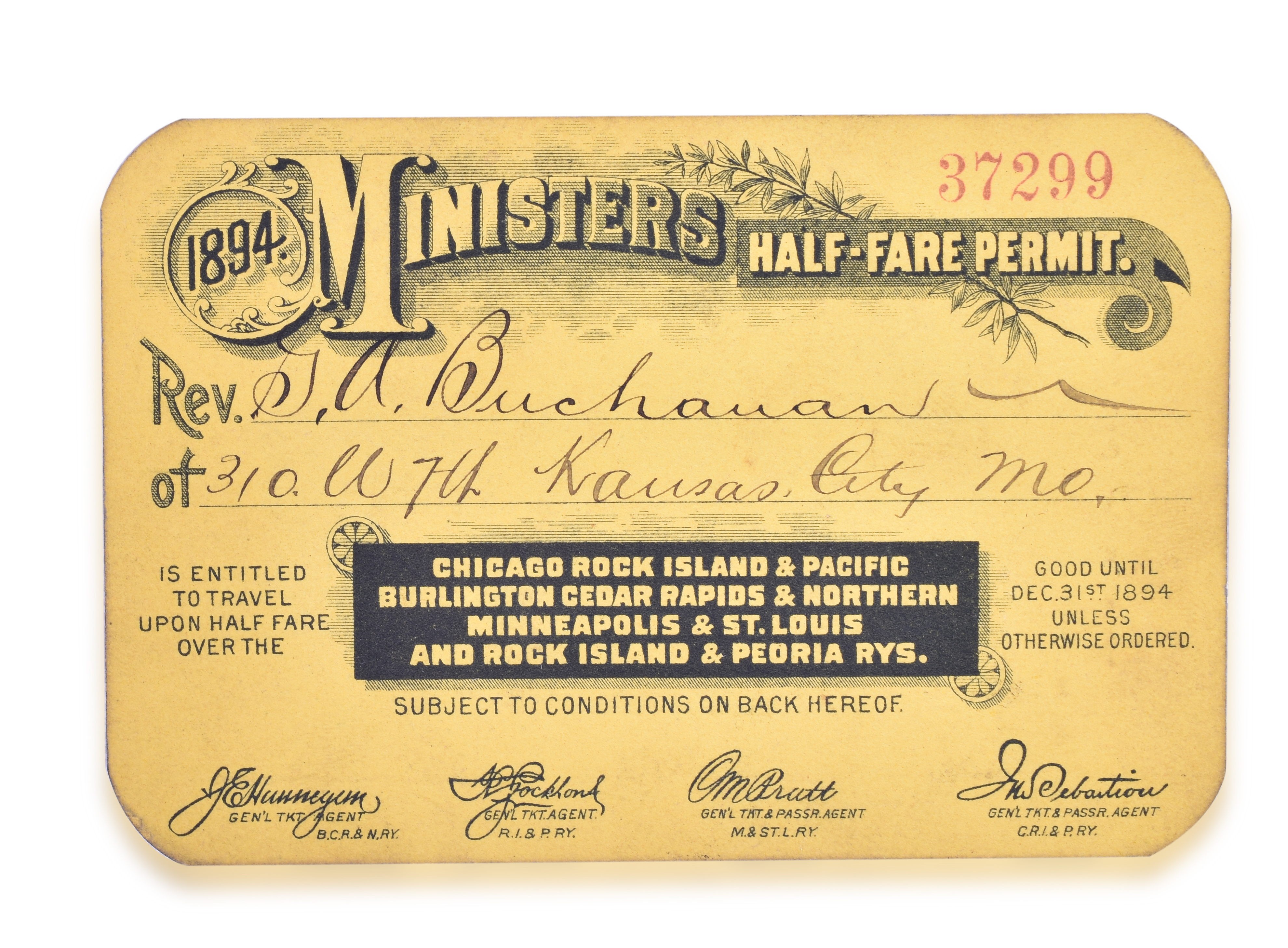 3126 - Chicago, Rock Island And Pacific 1894 Ministers Half Fare Pass thumbnail