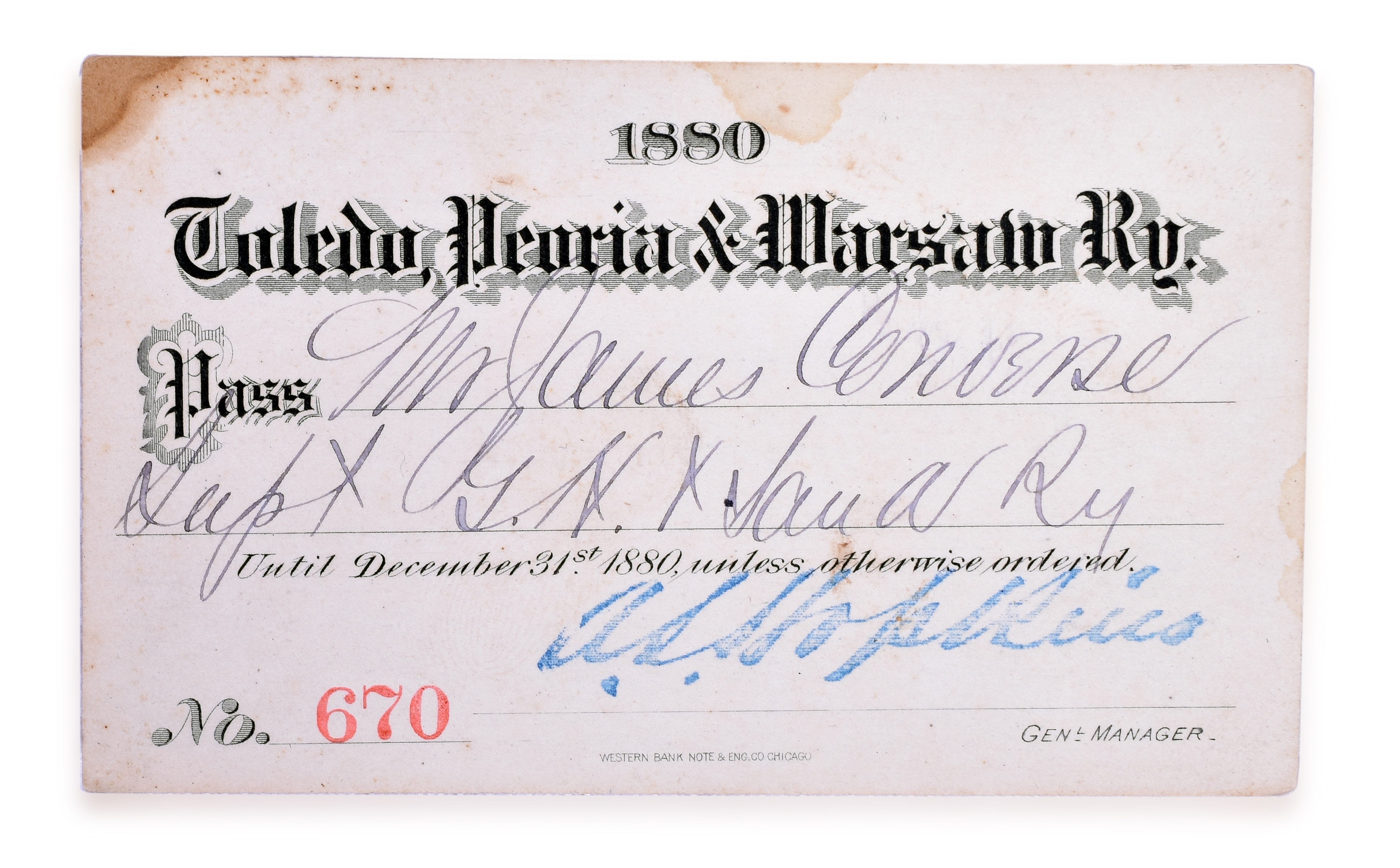 3129 - 1880 Toledo, Peoria & Warsaw Railway Annual Pass thumbnail