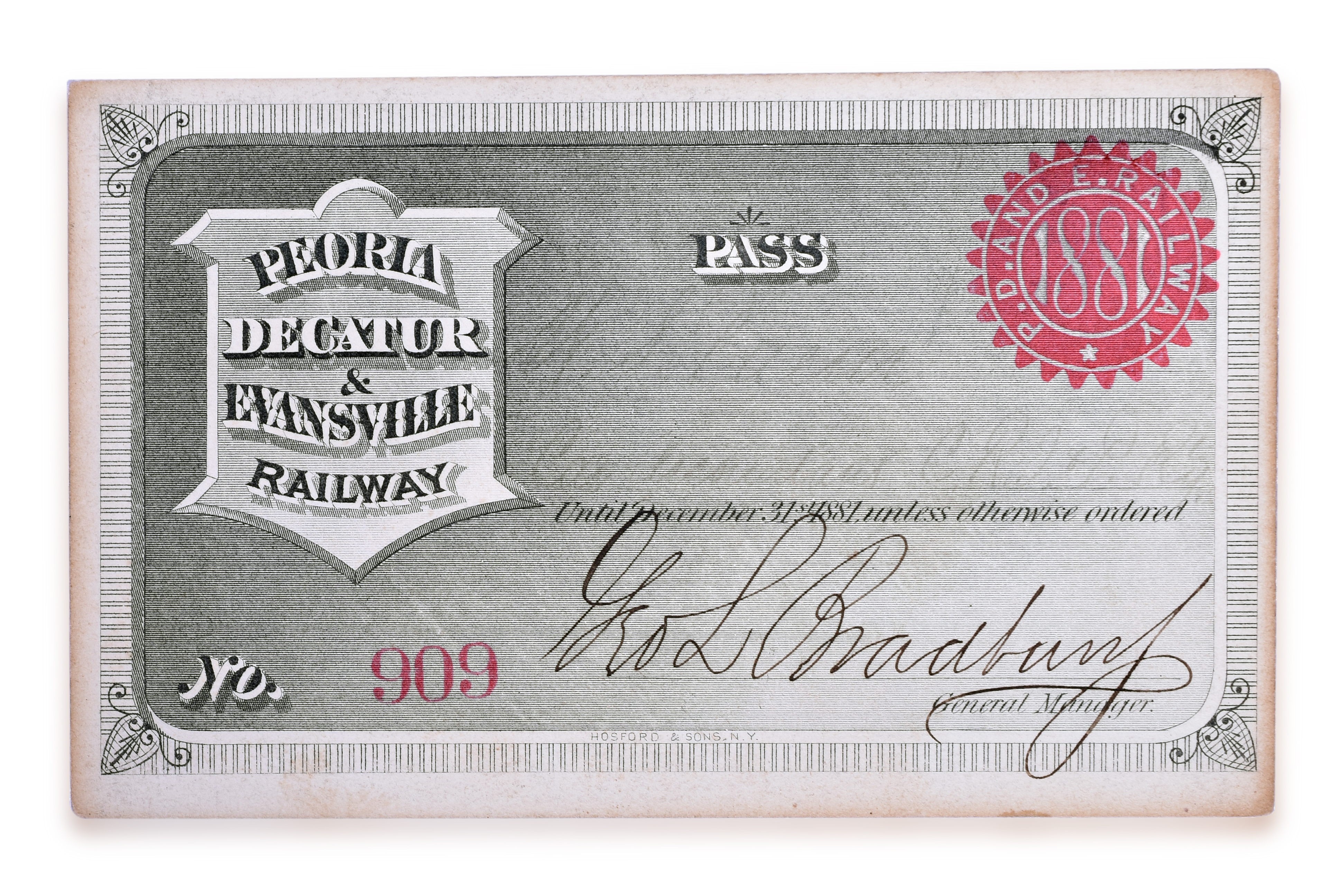 3132 - 1881 Peoria Decatur & Evansville Railway Annual Pass thumbnail