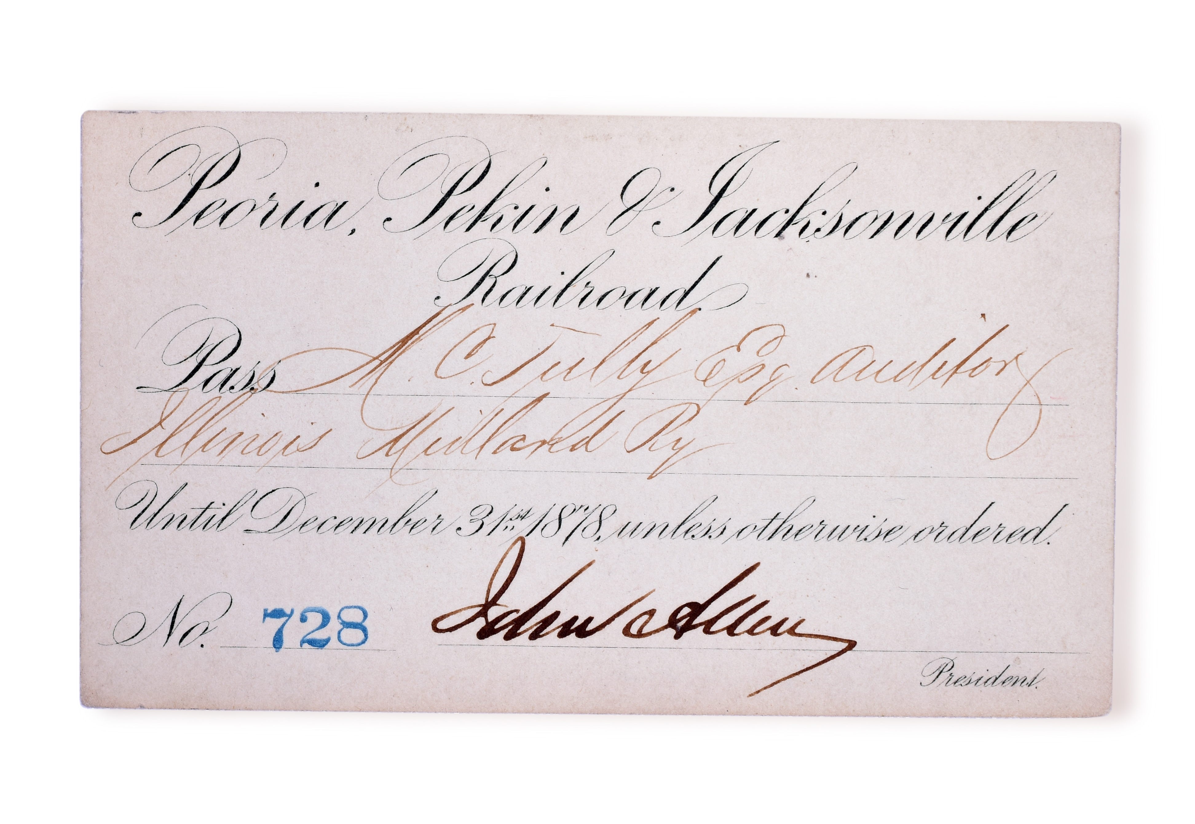 3135 - 1878 Peoria, Pekin & Jacksonville Railroad Annual Pass thumbnail