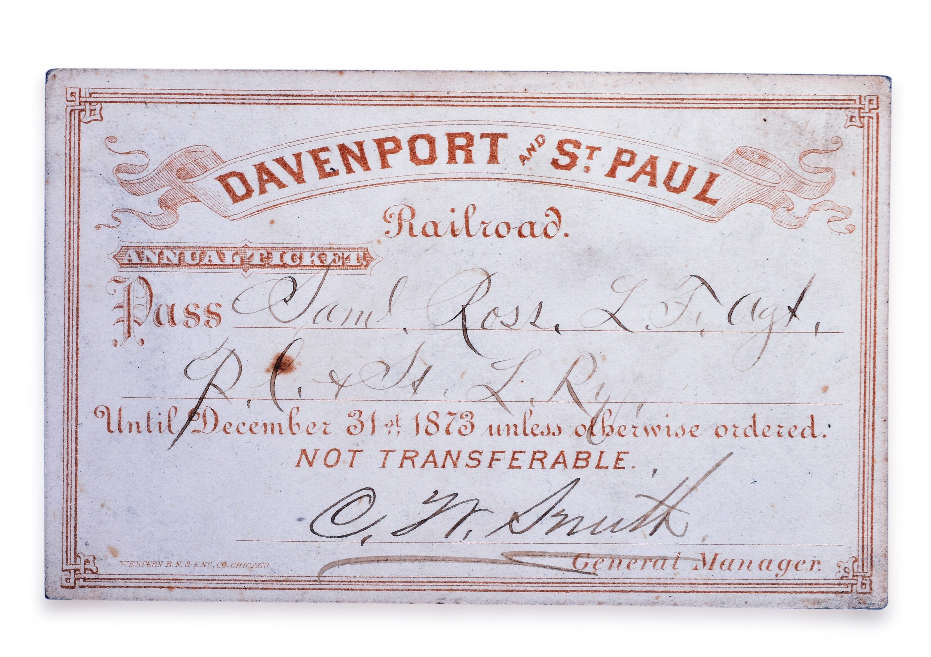 3138 - 1873 Davenport & St. Paul Railroad Annual Pass thumbnail