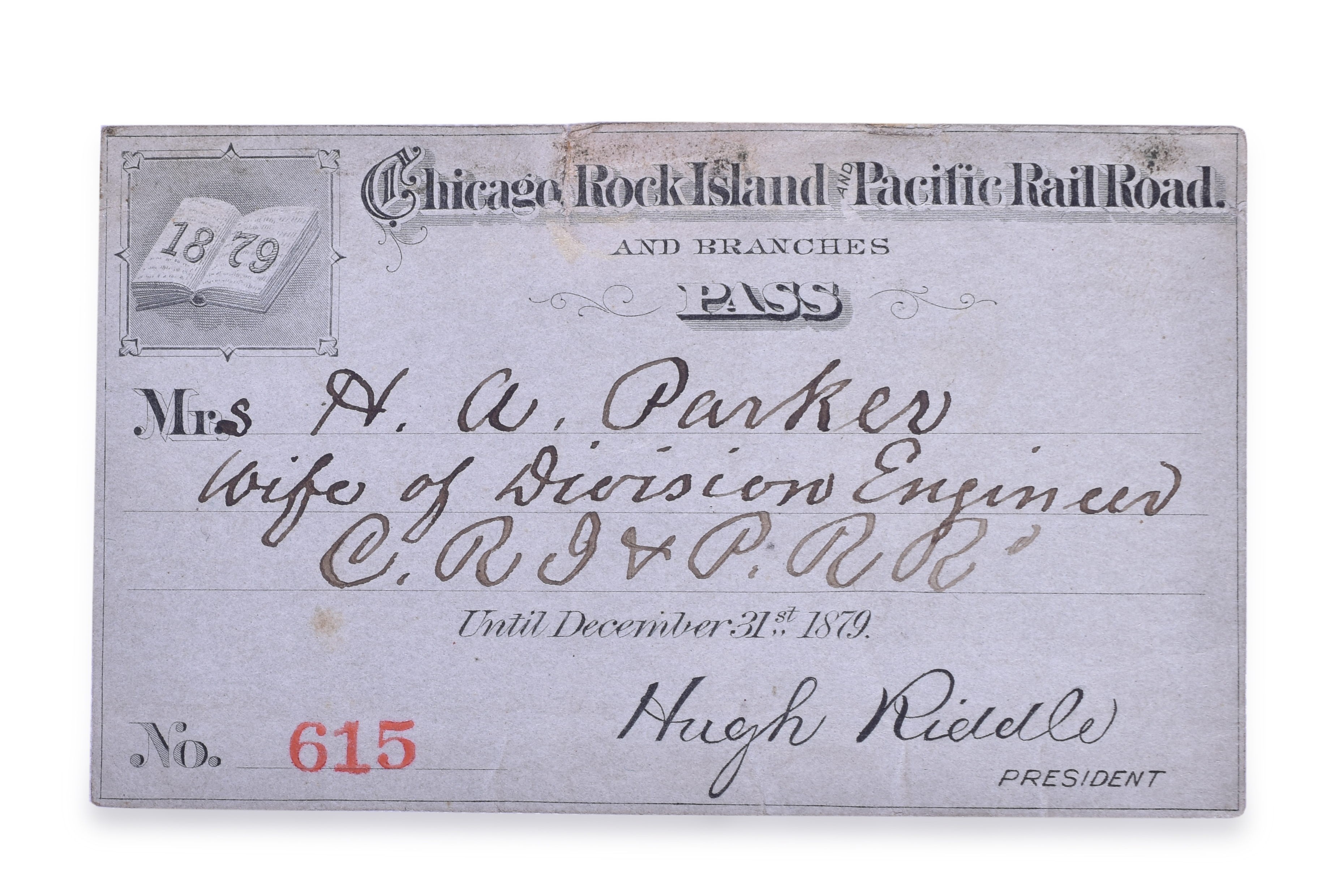 3141 - Chicago, Rock Island & Pacific 1879 Annual Pass- Hugh Riddle Signed thumbnail