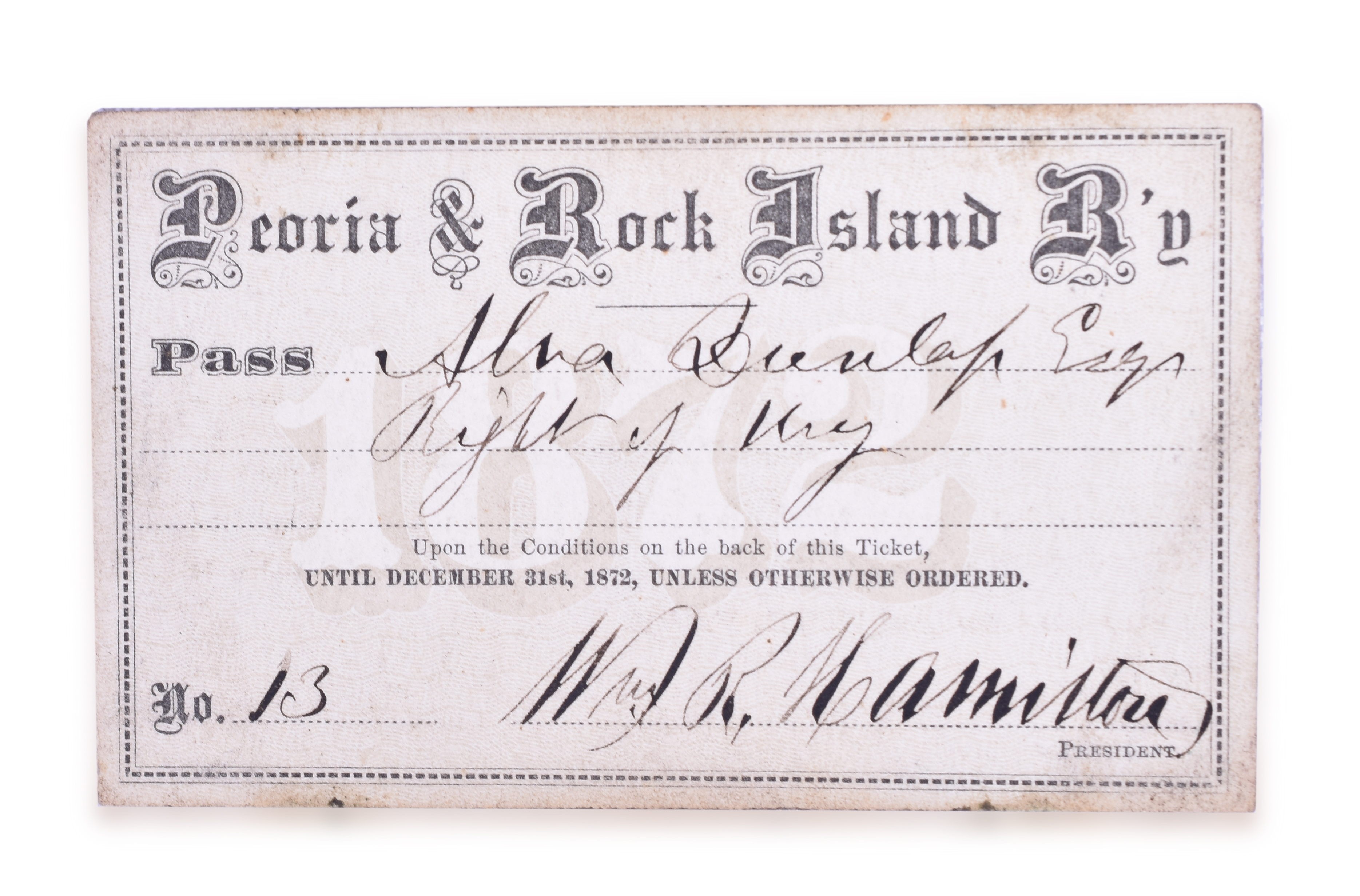3147 - 1872 Peoria & Rock Island Railroad Annual Pass - Low Number, Presidential Signed thumbnail