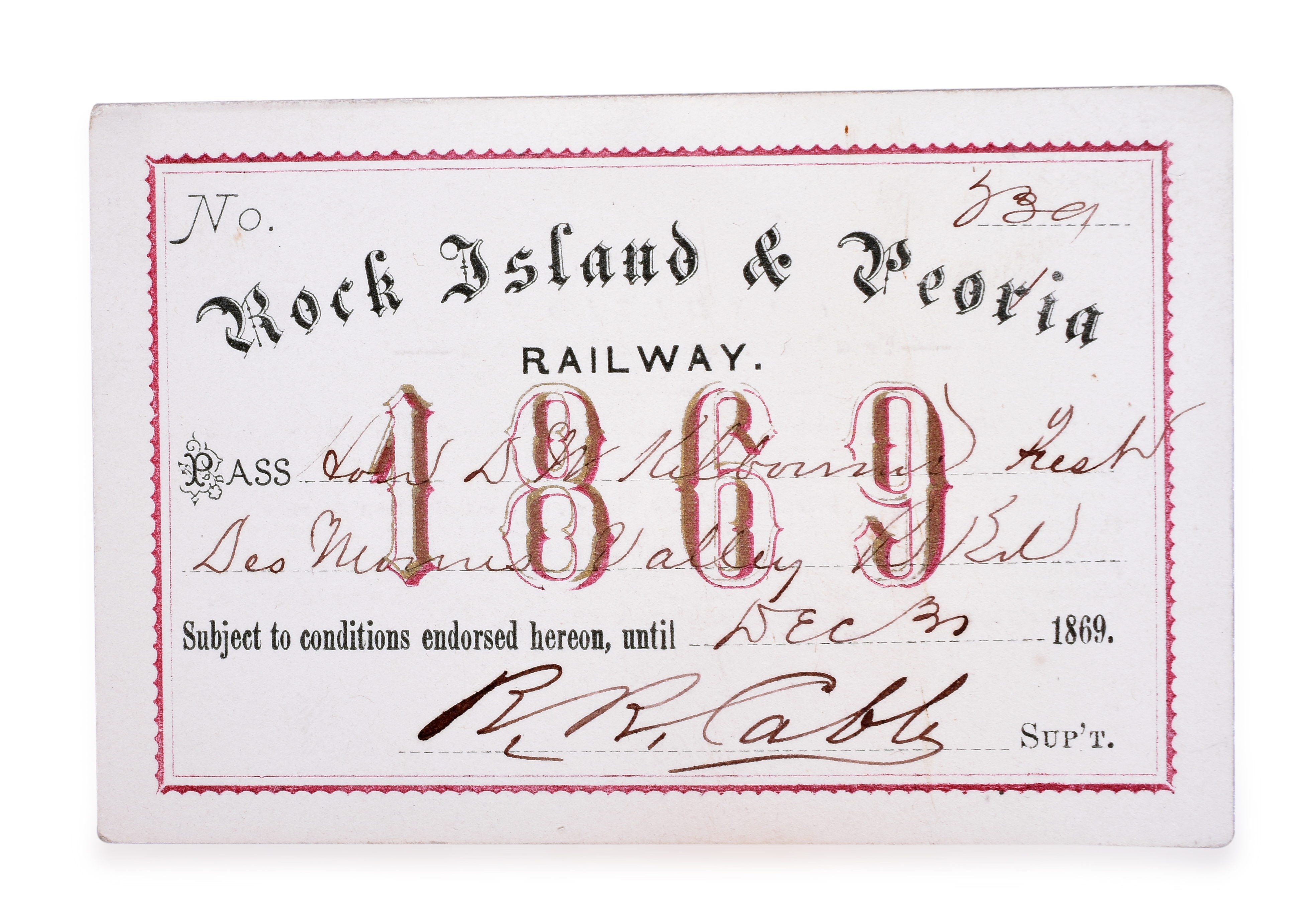 3150 - 1869 Peoria & Rock Island Railroad Annual Pass thumbnail