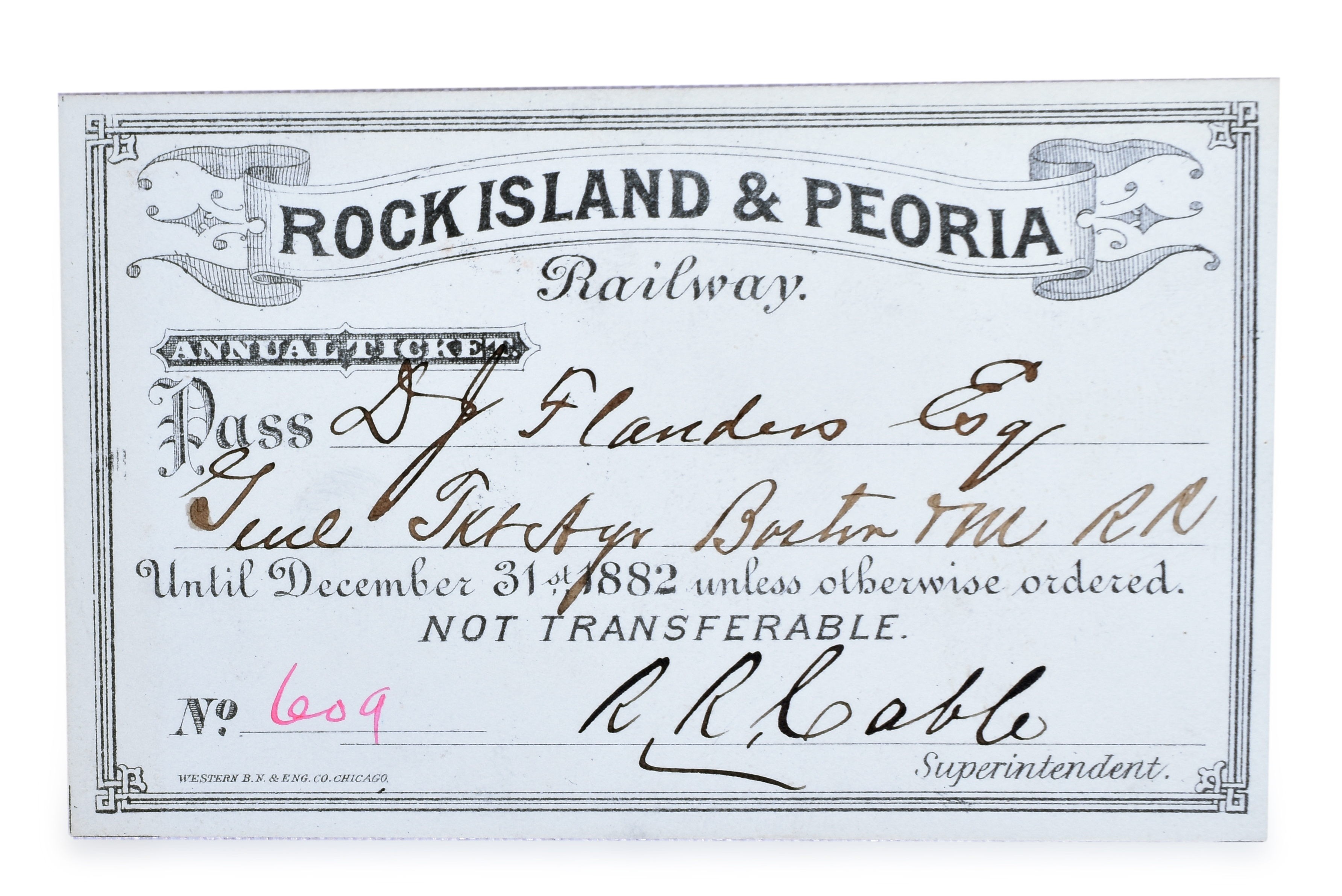 3156 - 1882 Peoria & Rock Island Railroad Annual Pass thumbnail