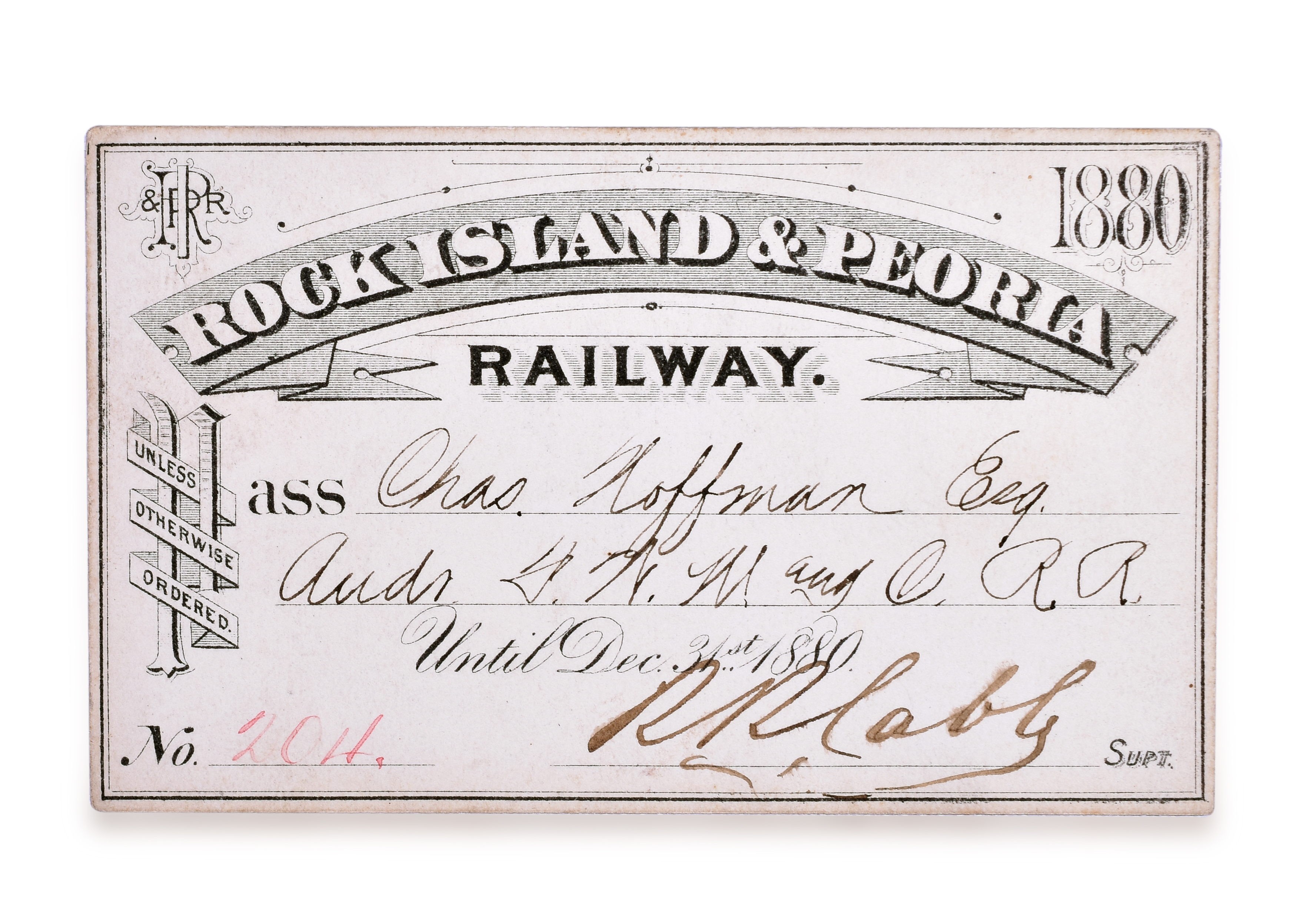 3159 - 1880 Peoria & Rock Island Railroad Annual Pass thumbnail