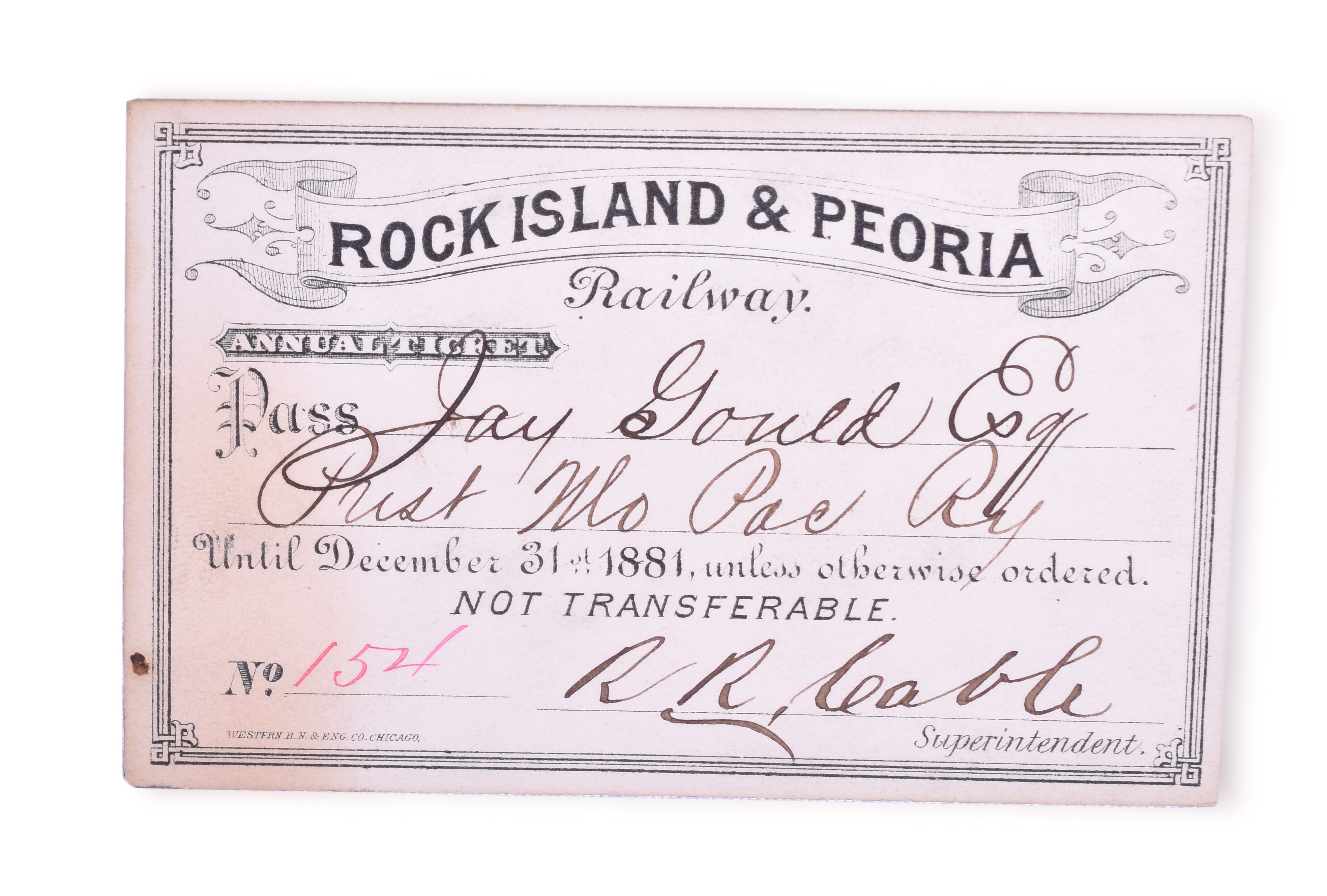3162 - 1881 Peoria & Rock Island Railroad Annual Pass - Issued to Robber Baron Jay Gould thumbnail