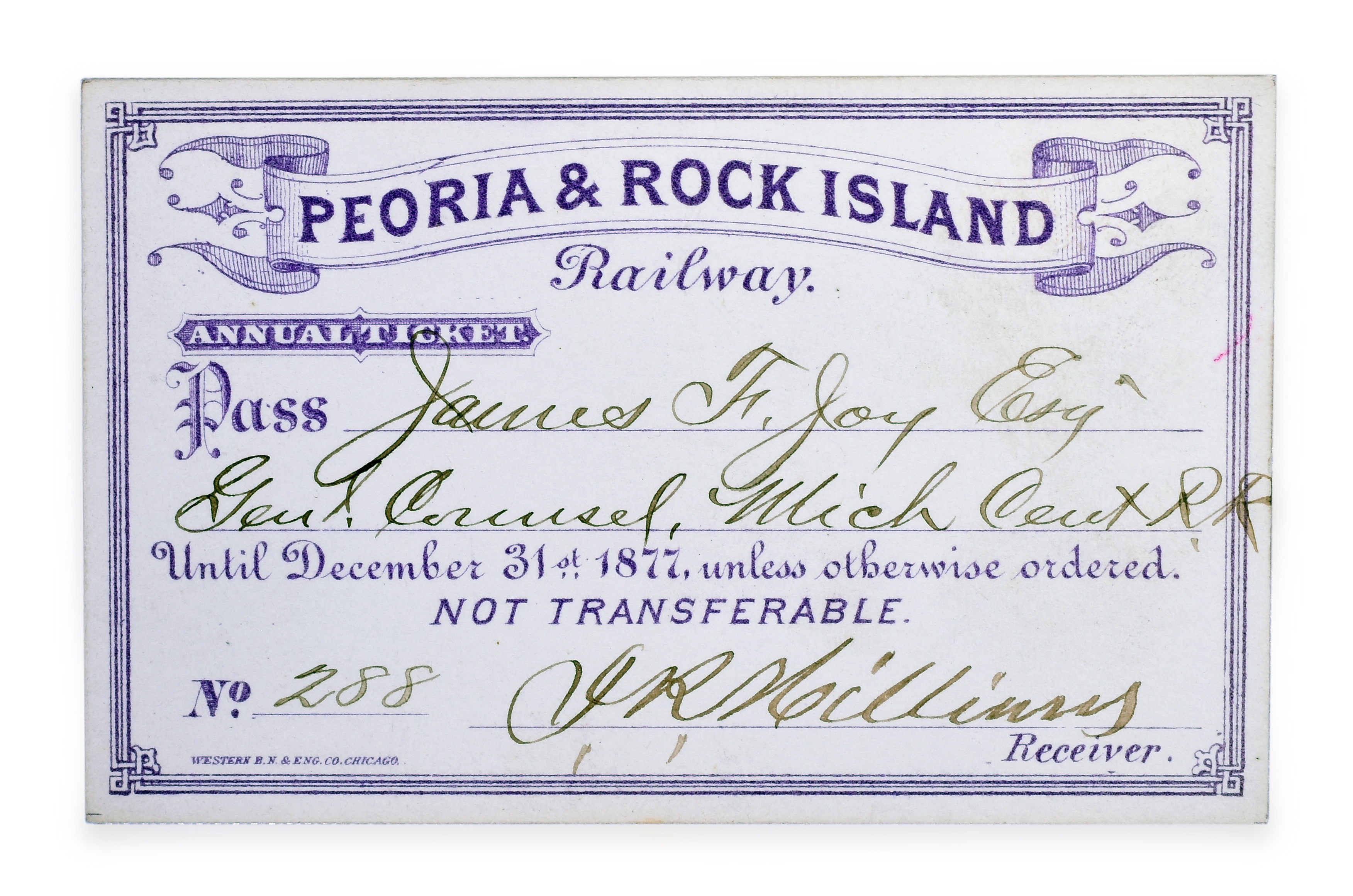 3165 - 1877 Peoria & Rock Island Railroad Annual Pass thumbnail