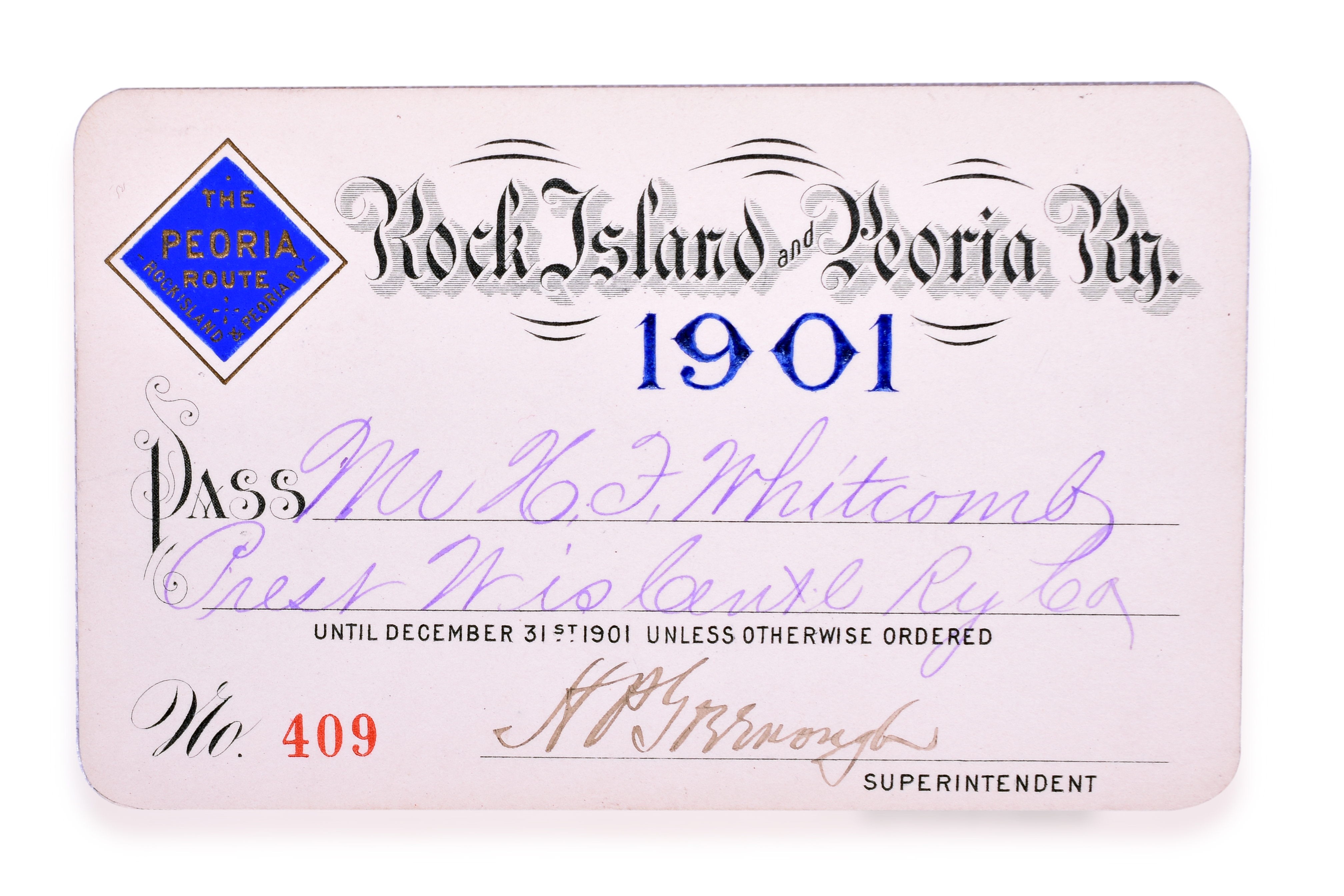 3168 - 1901 Peoria & Rock Island Railroad Annual Pass thumbnail