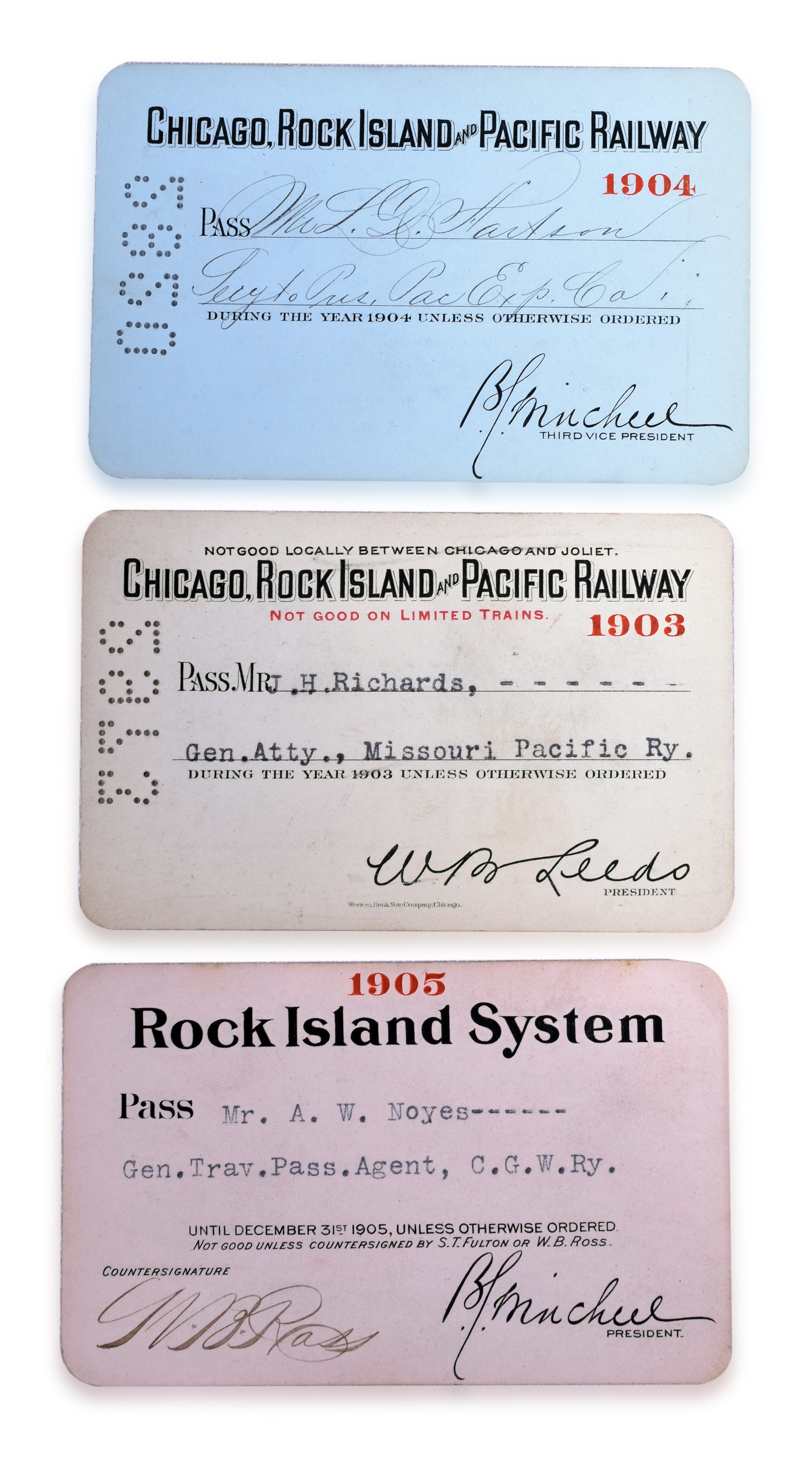 3180 - Three Chicago, Rock Island & Pacific Railroad Annual Passes 1903-1905 thumbnail