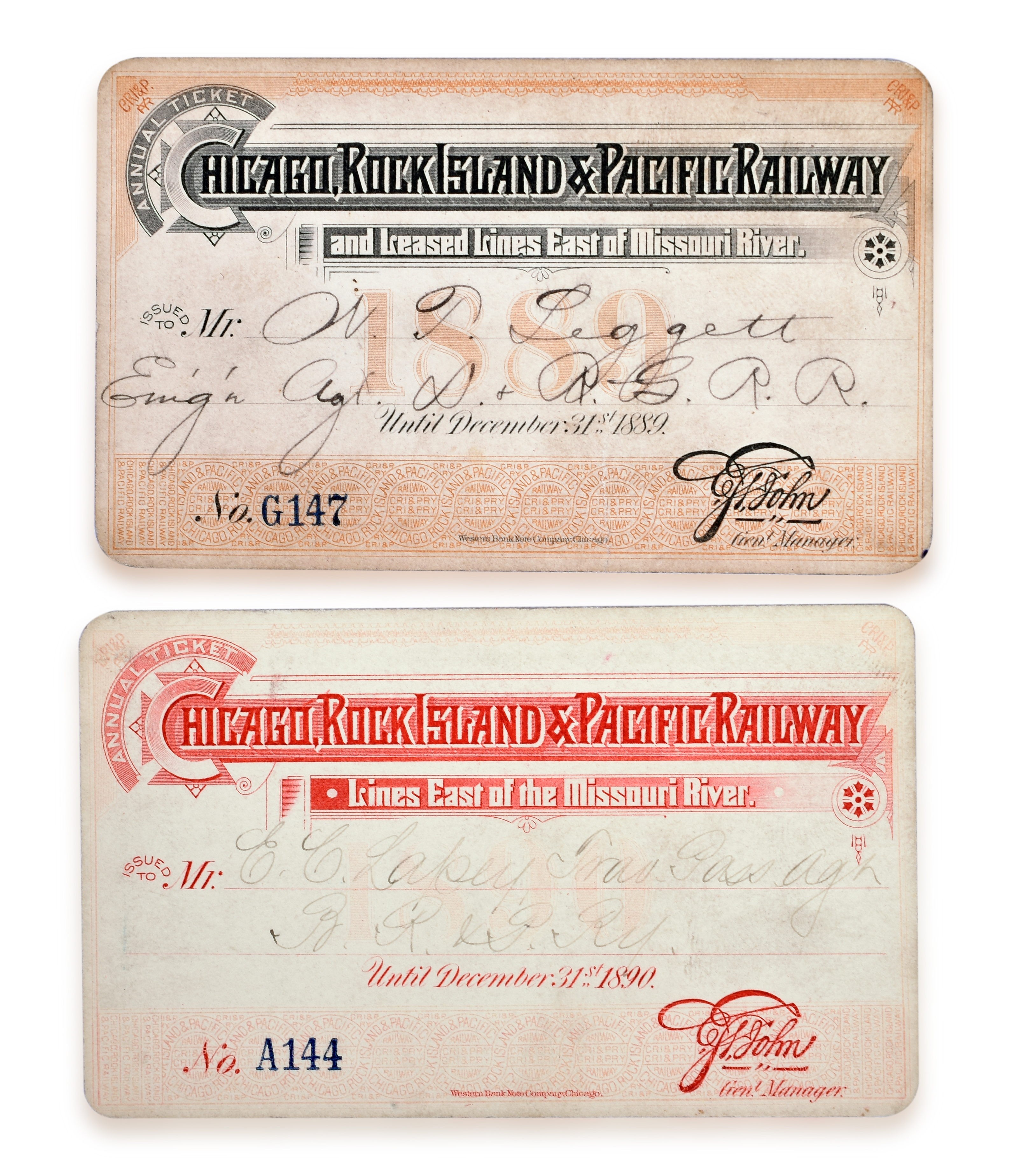 3183 - Pair of Chicago, Rock Island & Pacific 1889 and 1890 Annual Passes thumbnail