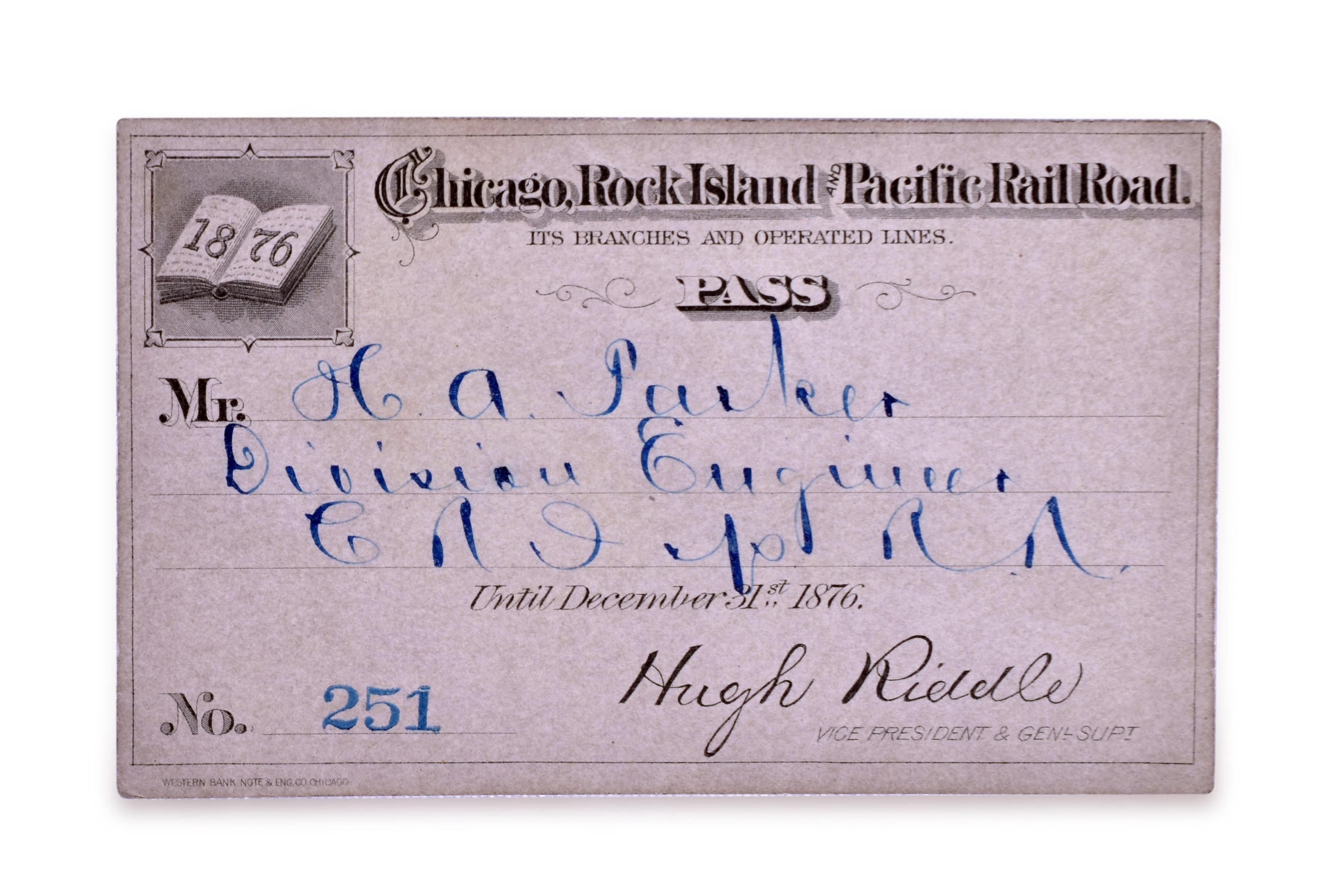 3186 - 1876 Chicago, Rock Island & Pacific Railroad Annual Pass thumbnail